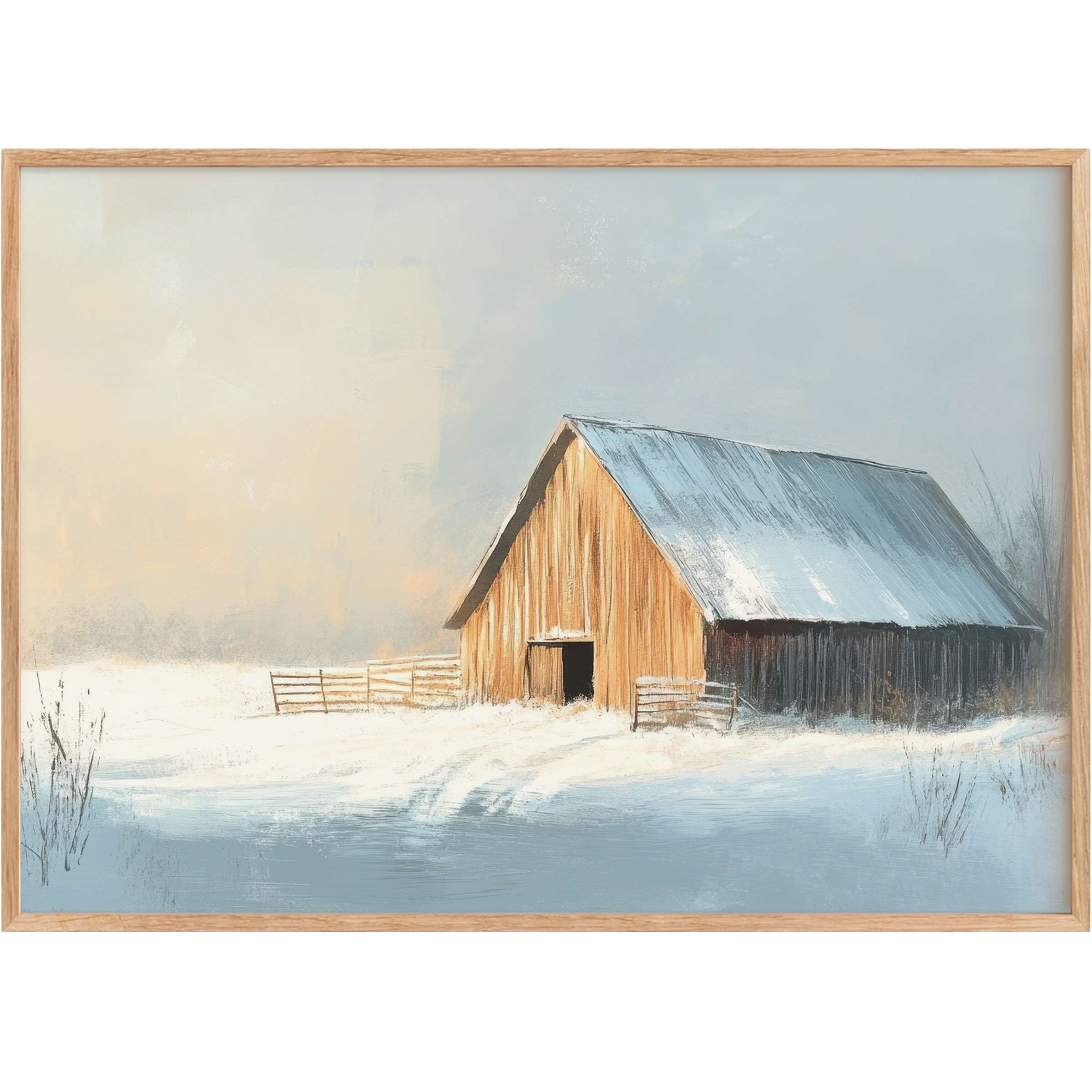 Rustic barn bathed in soft winter light, evoking calm warmth and serene stillness with icy blues and gentle earth tones-perfect winter printable wall art