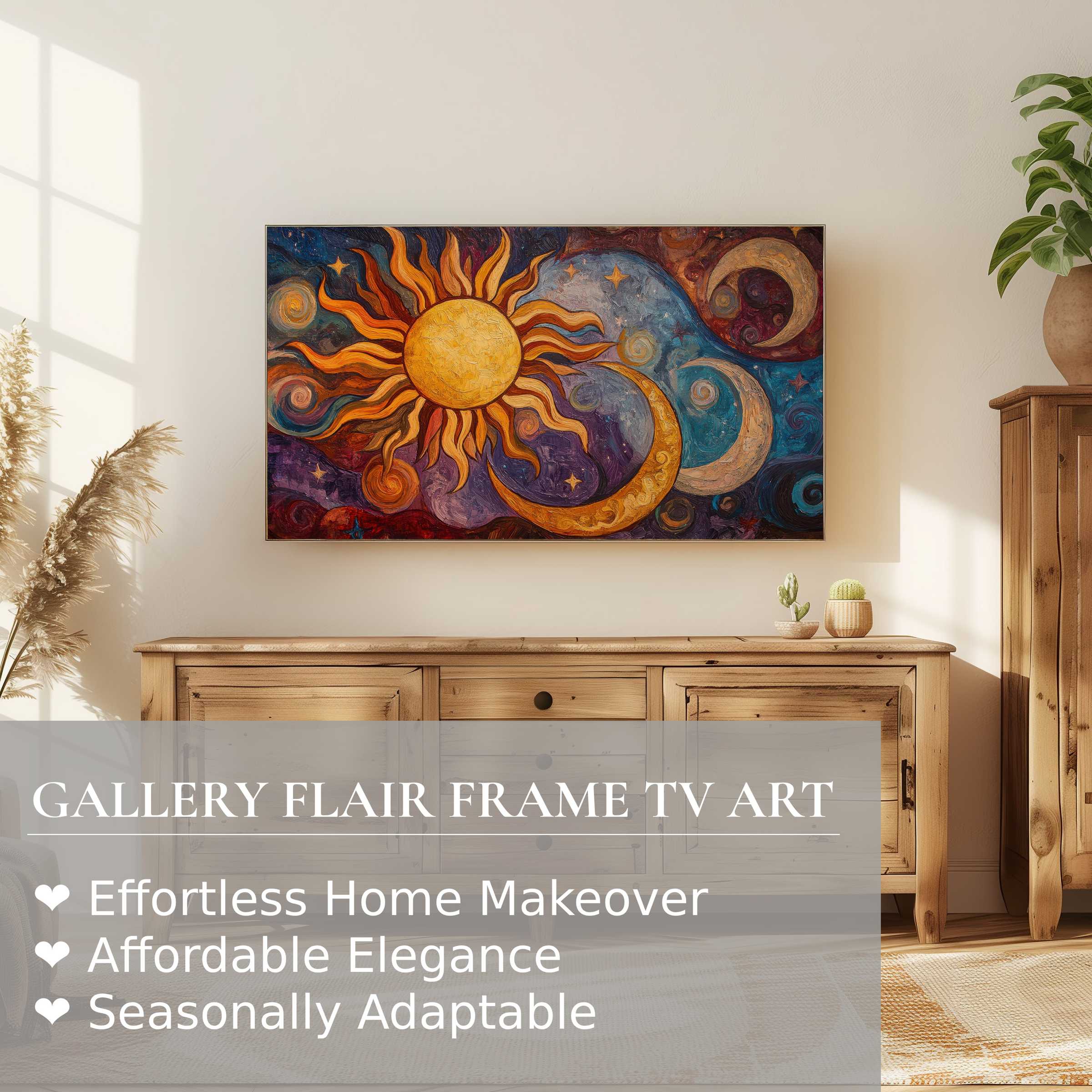 Samsung Frame TV displaying vibrant boho digital artwork, sun and moon motif in warm, earthy tones in a modern setting