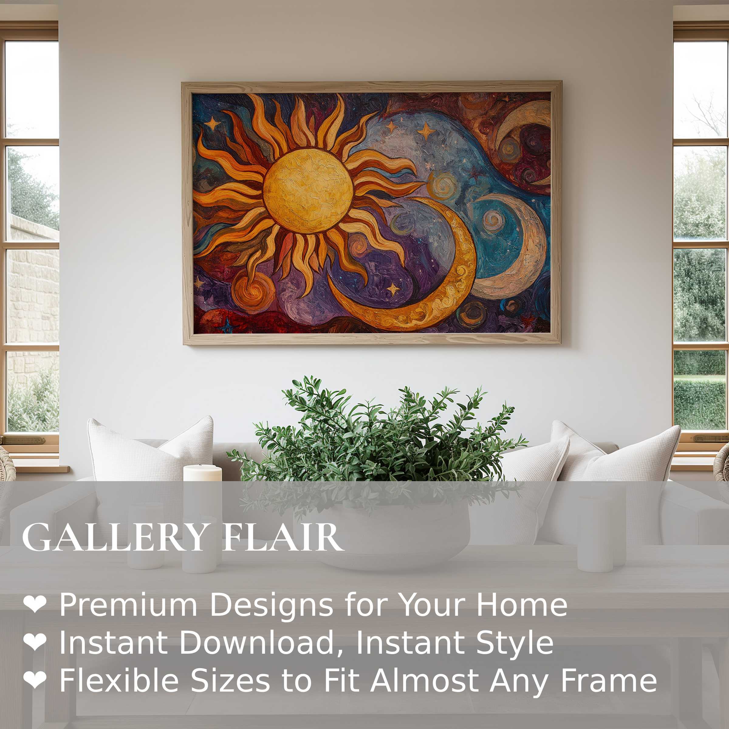 Boho wall art print showcasing radiant sun and crescent moons in vibrant, swirling colors; enriches modern, nature-inspired living spaces