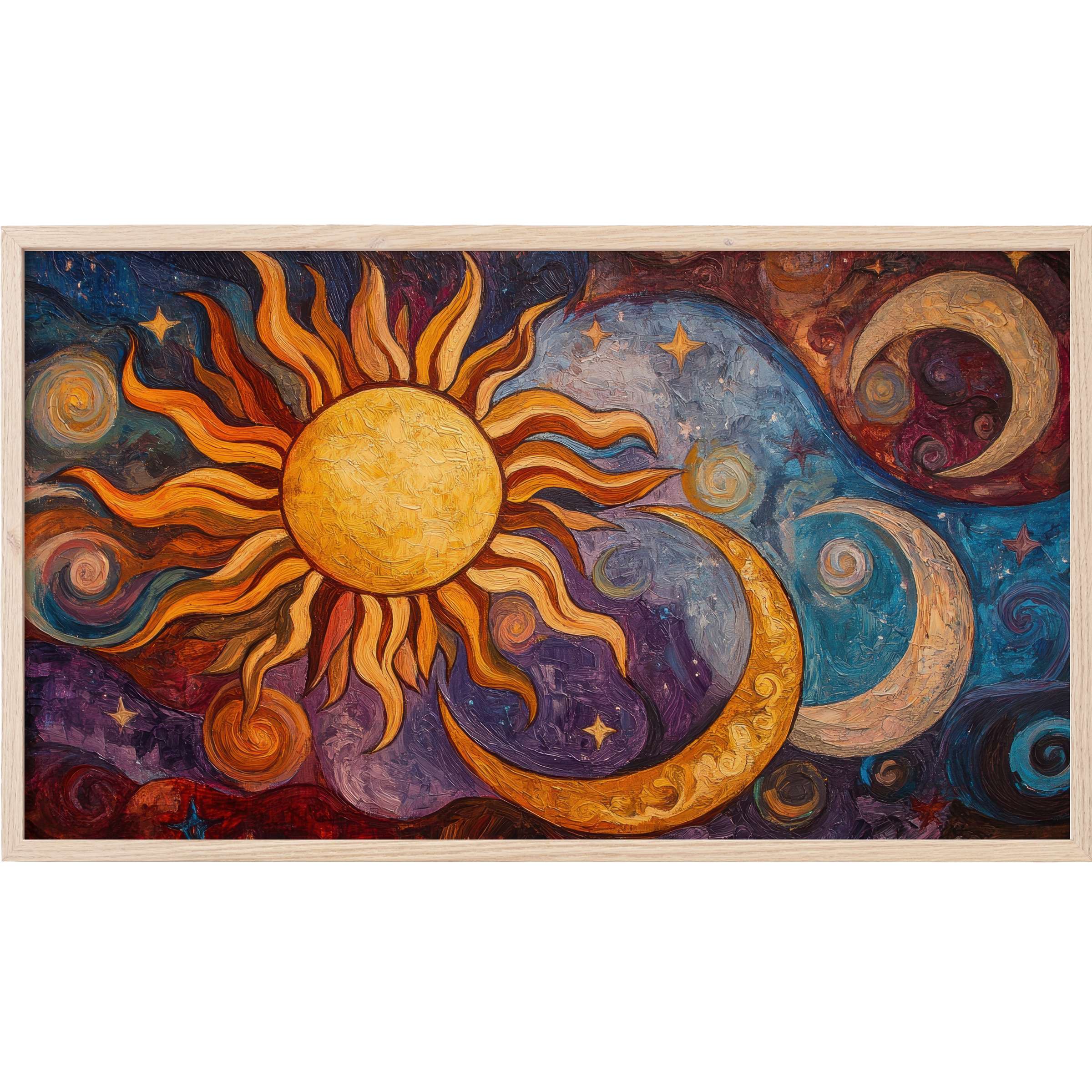 Boho Frame TV Art with vibrant sun and crescent moons in rich oranges, blues, and purples, textured in an elegant bohemian style