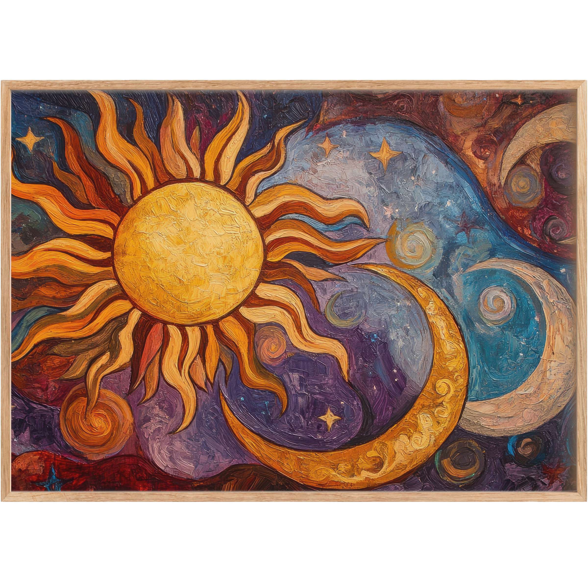 Boho printable wall art radiates warm golds and deep blues, evoking a mystical, sun-and-moon harmony that inspires serene elegance