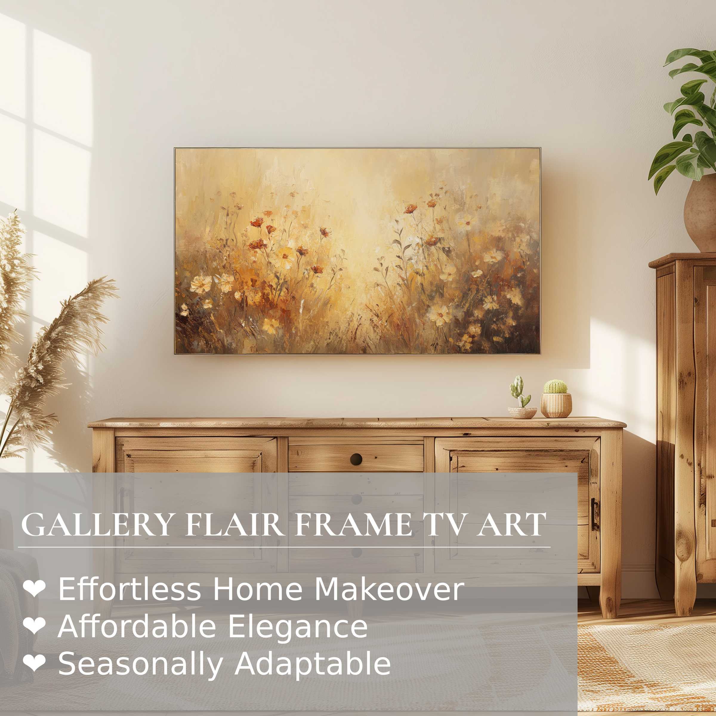 Samsung Frame TV displaying warm, textured fall digital artwork in a serene, natural-toned modern living space