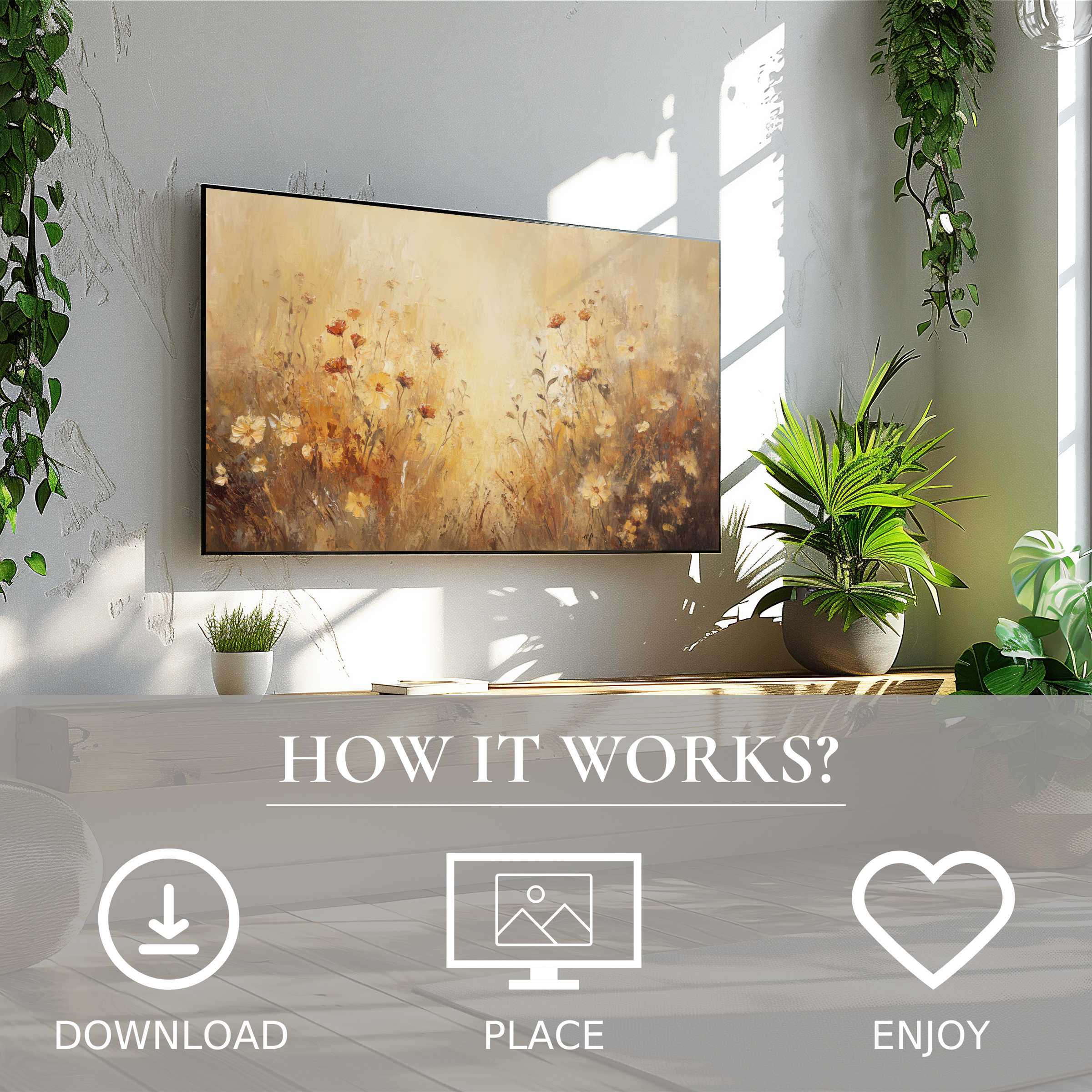 Fall art for Samsung TV shows soft sunset tones in an abstract floral motif, easy digital download enriches modern living spaces