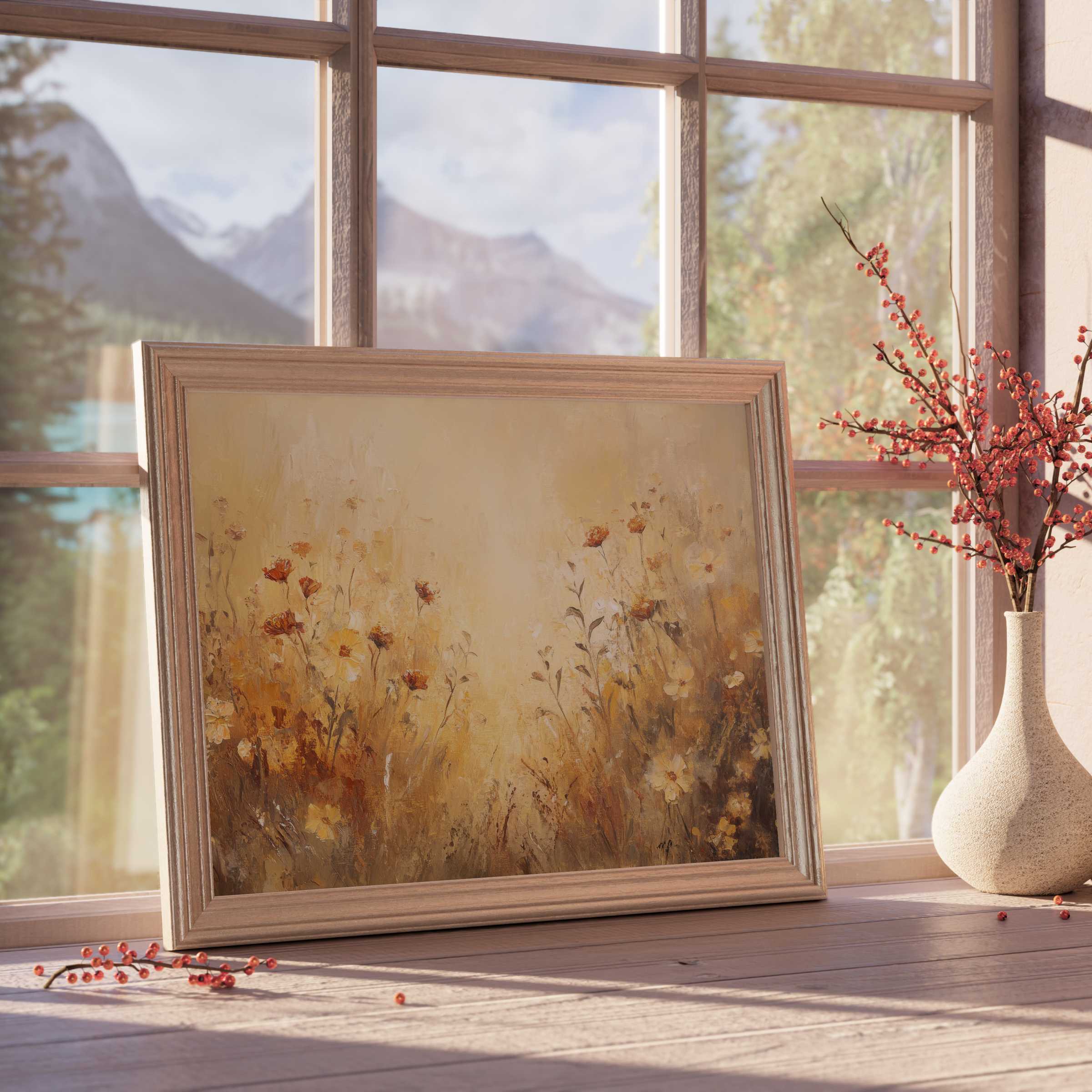 Fall downloadable art with warm amber florals elevates serene spaces, blending rustic charm and modern, curated elegance