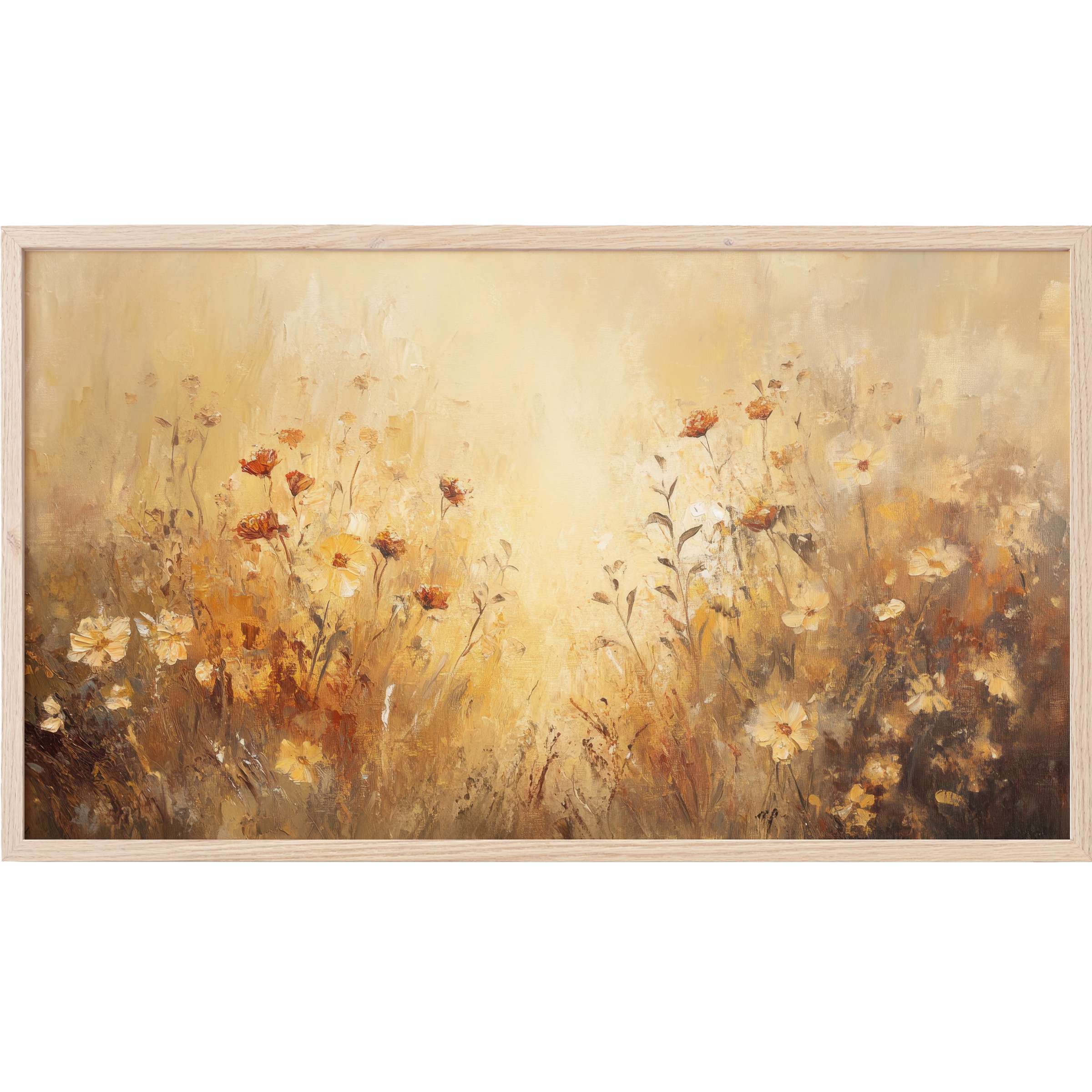 Fall Frame TV Art with soft golds and warm ambers, delicate floral textures in an elegant modern impressionist style