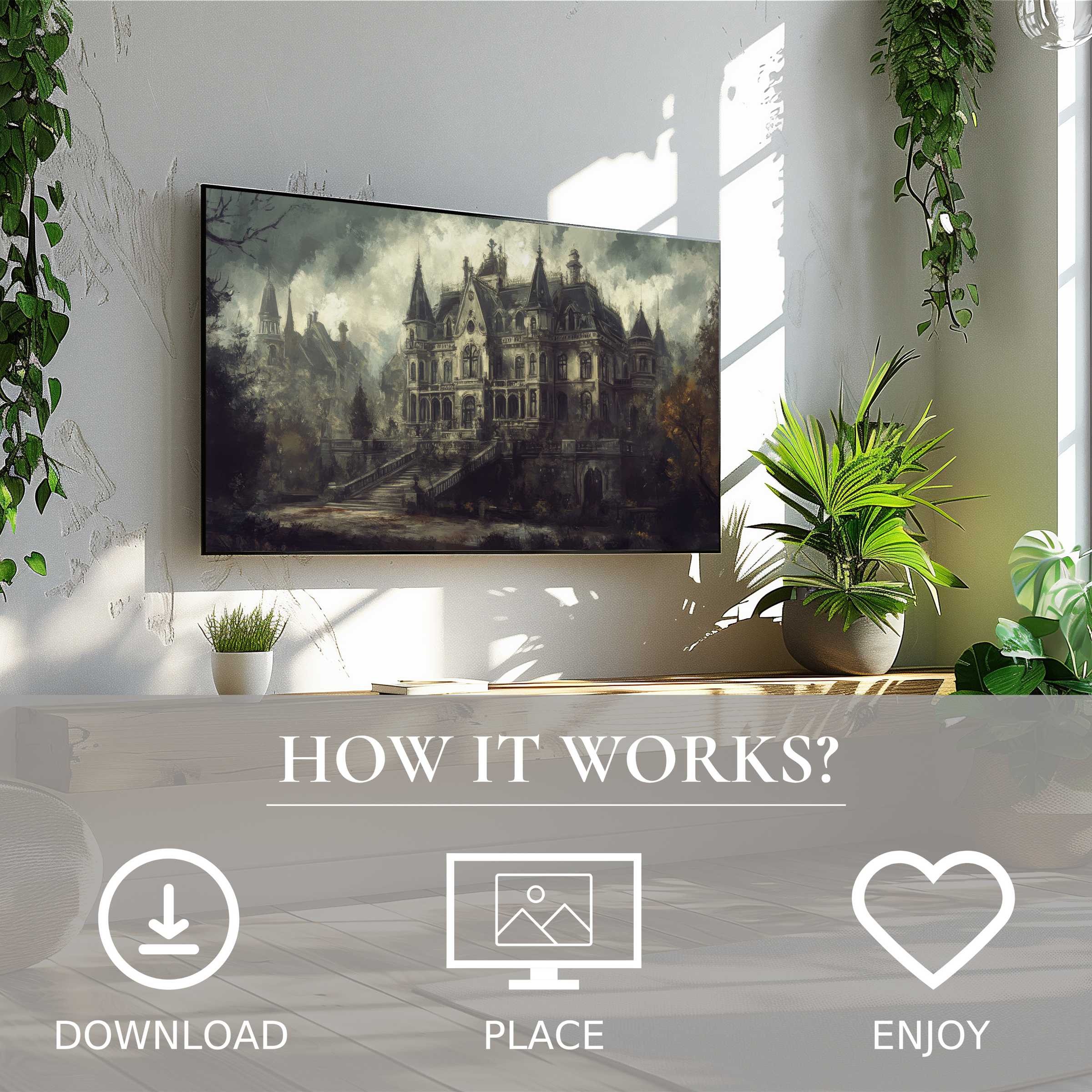 Modern living room with easy digital download; halloween art for Samsung TV shows eerie gothic manor motif