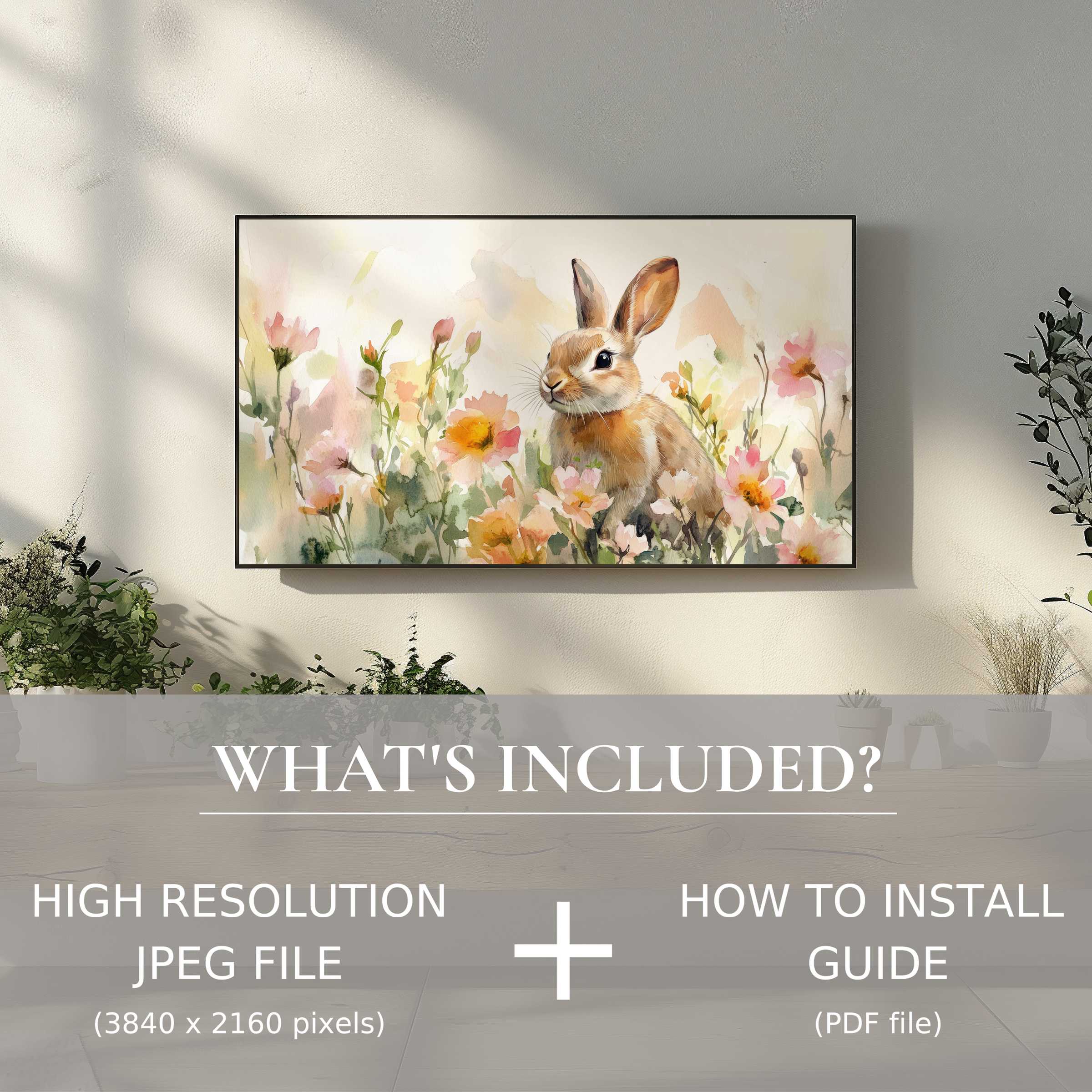 Elegant easter digital TV art download with bunny, easy digital use enhances modern, stylish living spaces