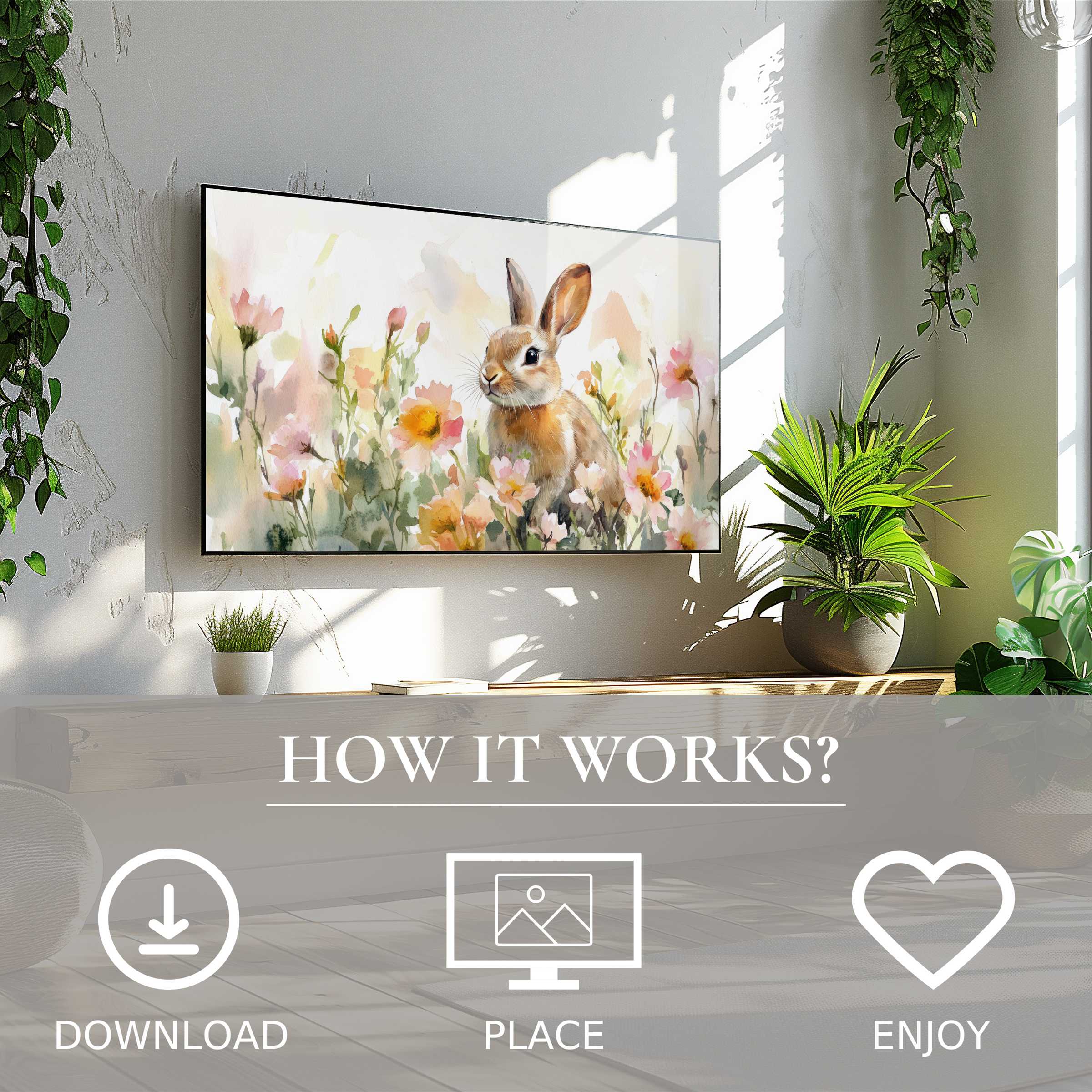 Modern living room with easter art for Samsung TV showing soft pastel tones and floral color flow, easy digital download
