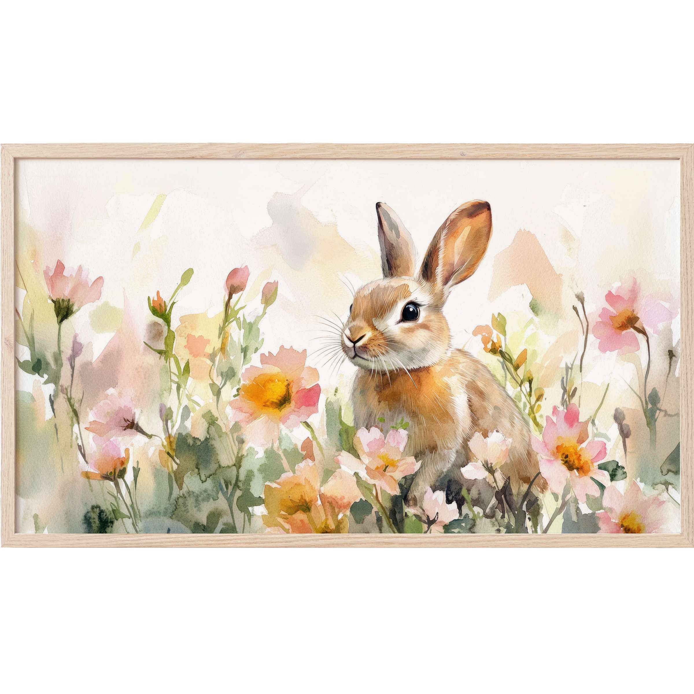 Elegant watercolor bunny amid soft pink and orange blooms, perfect for spring with easter Frame TV Art style