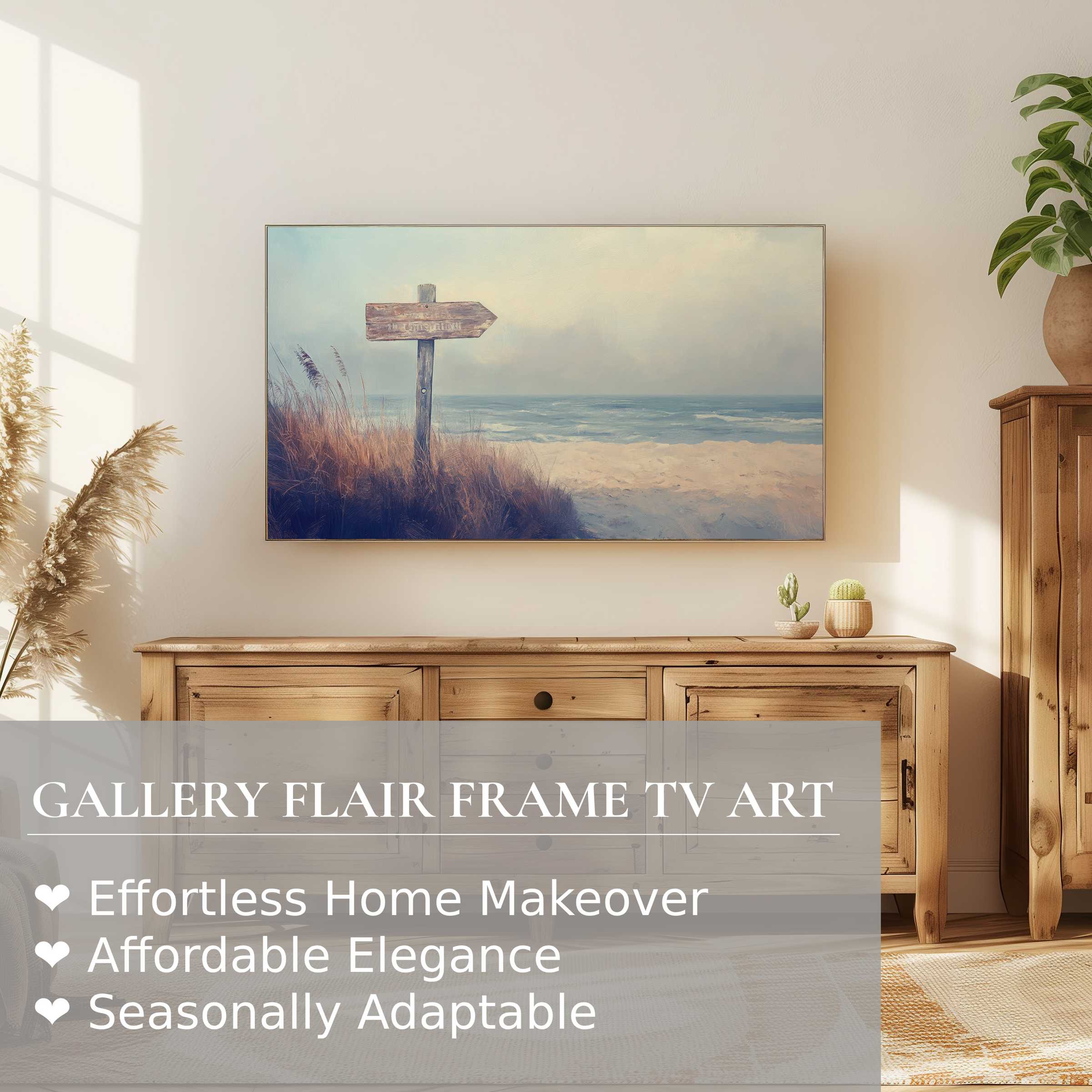 Samsung Frame TV showcases serene beach digital artwork, blending coastal charm with modern, elegant home decor