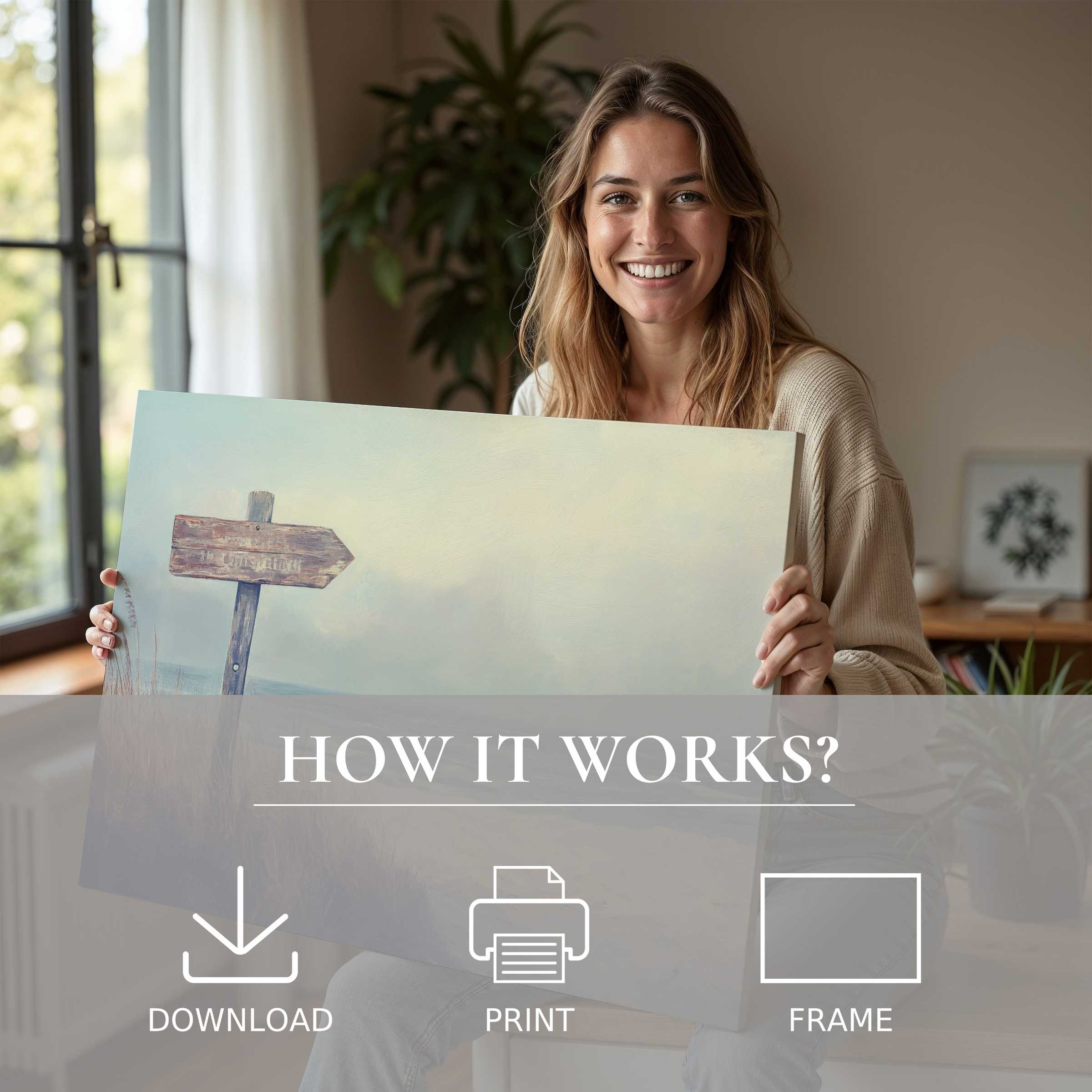 Joyful connection to a serene beach digital art print in a light-filled modern home, elevating everyday living with effortless elegance