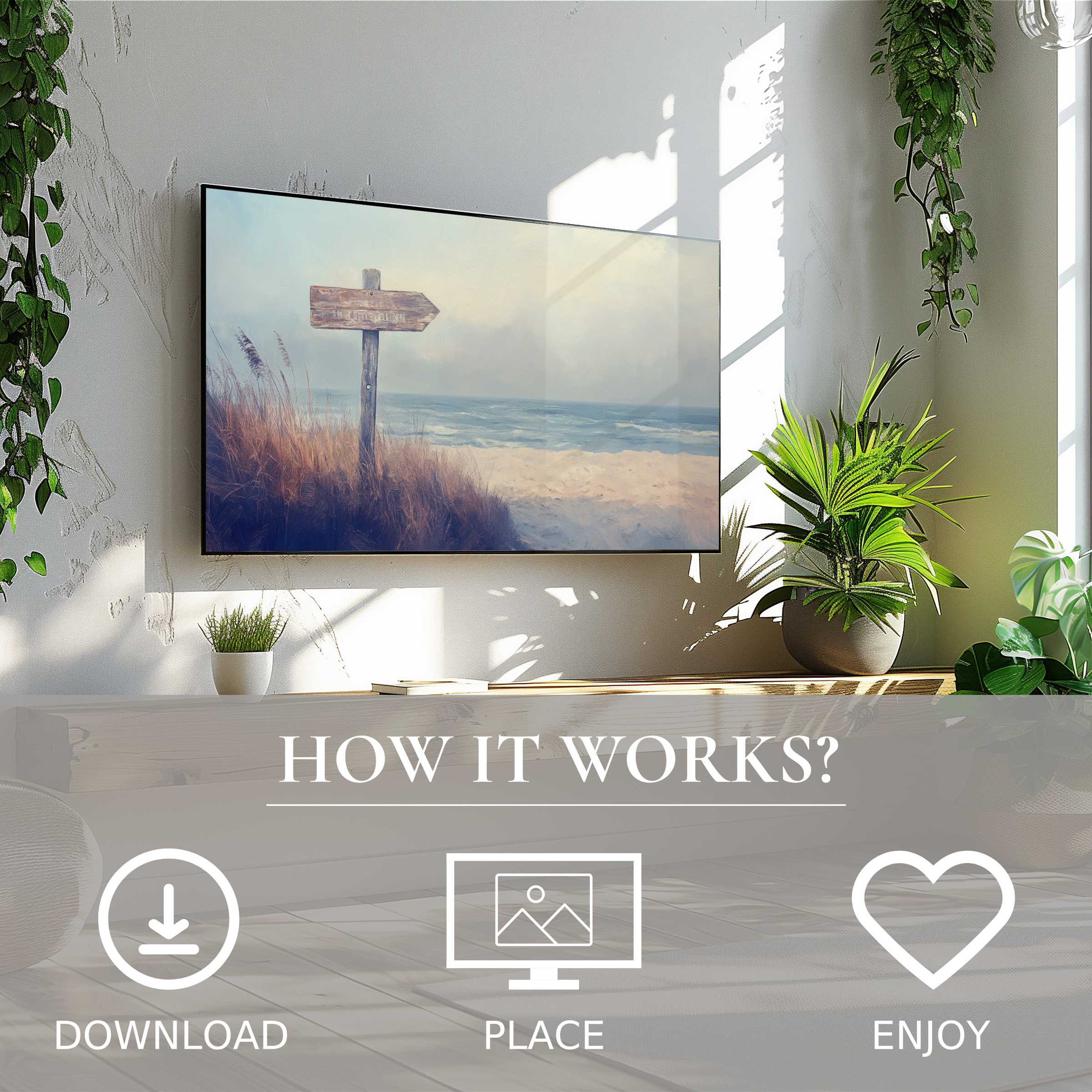 Modern living room with beach art for Samsung TV; serene coastal tones, easy digital download, enhances space