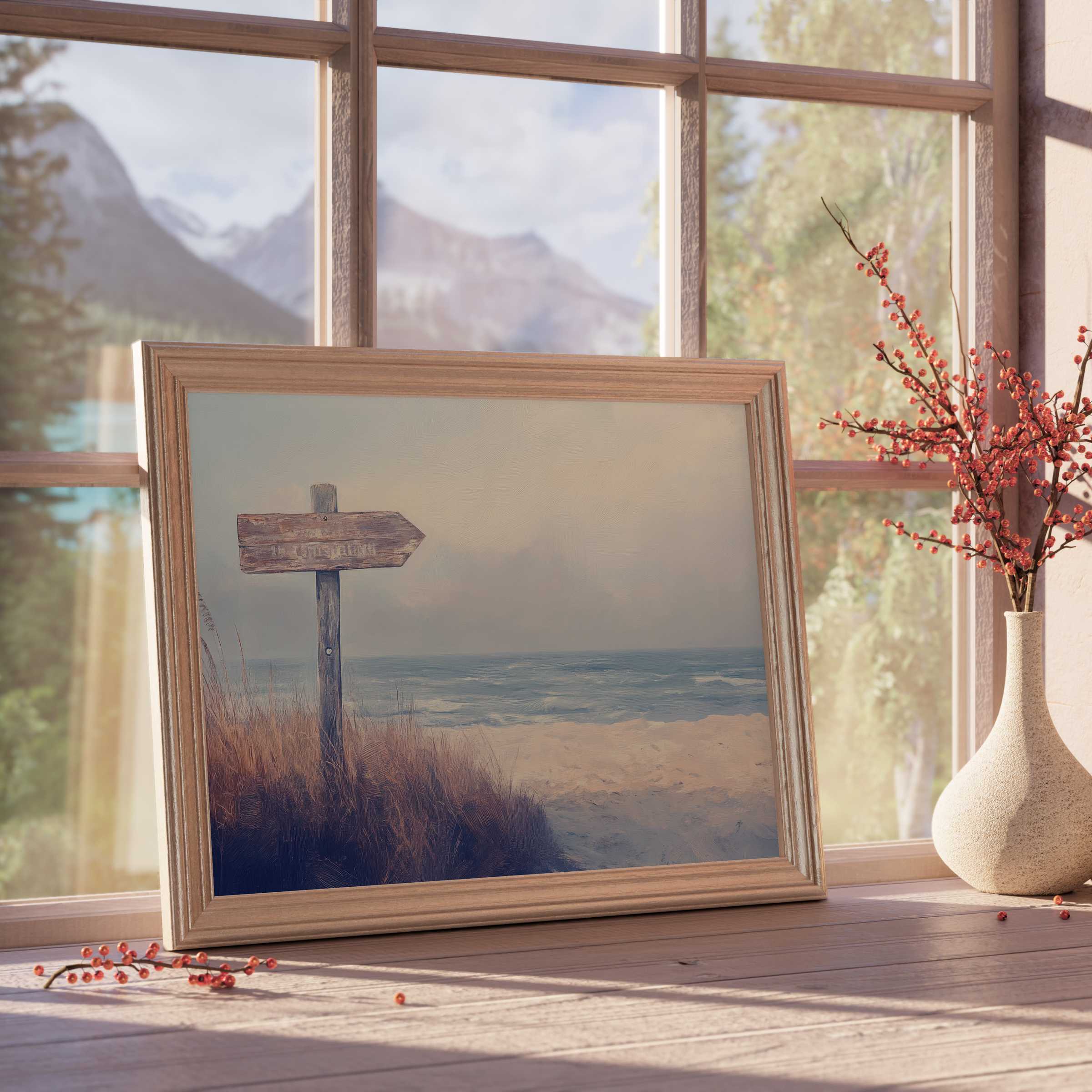 Serene beach downloadable art featuring a weathered signpost by soft dunes and gentle waves, perfect for calm, curated interiors