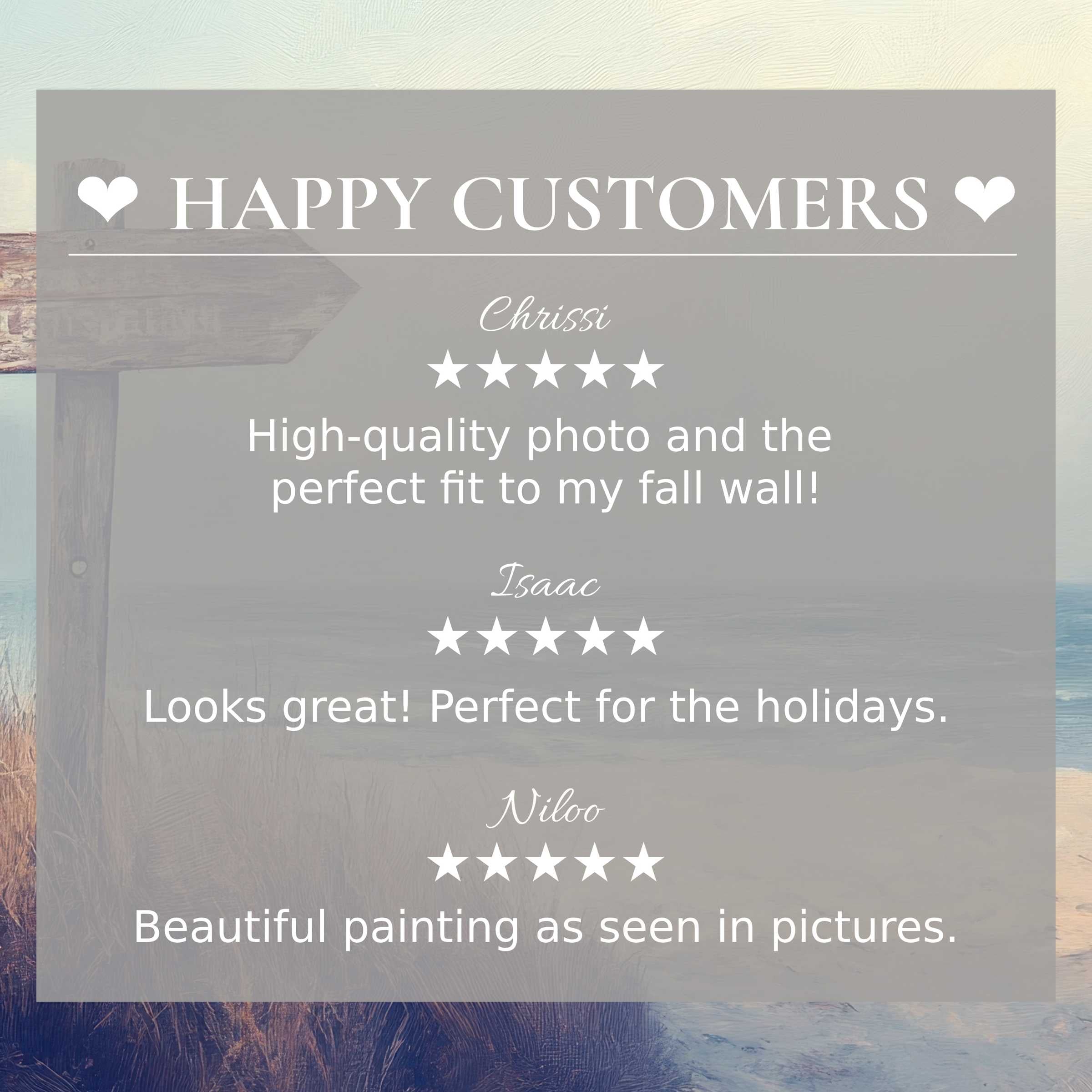 Beach art for Frame TV with abstract sunset hues behind reviews from happy customers to inspire trust and elegance