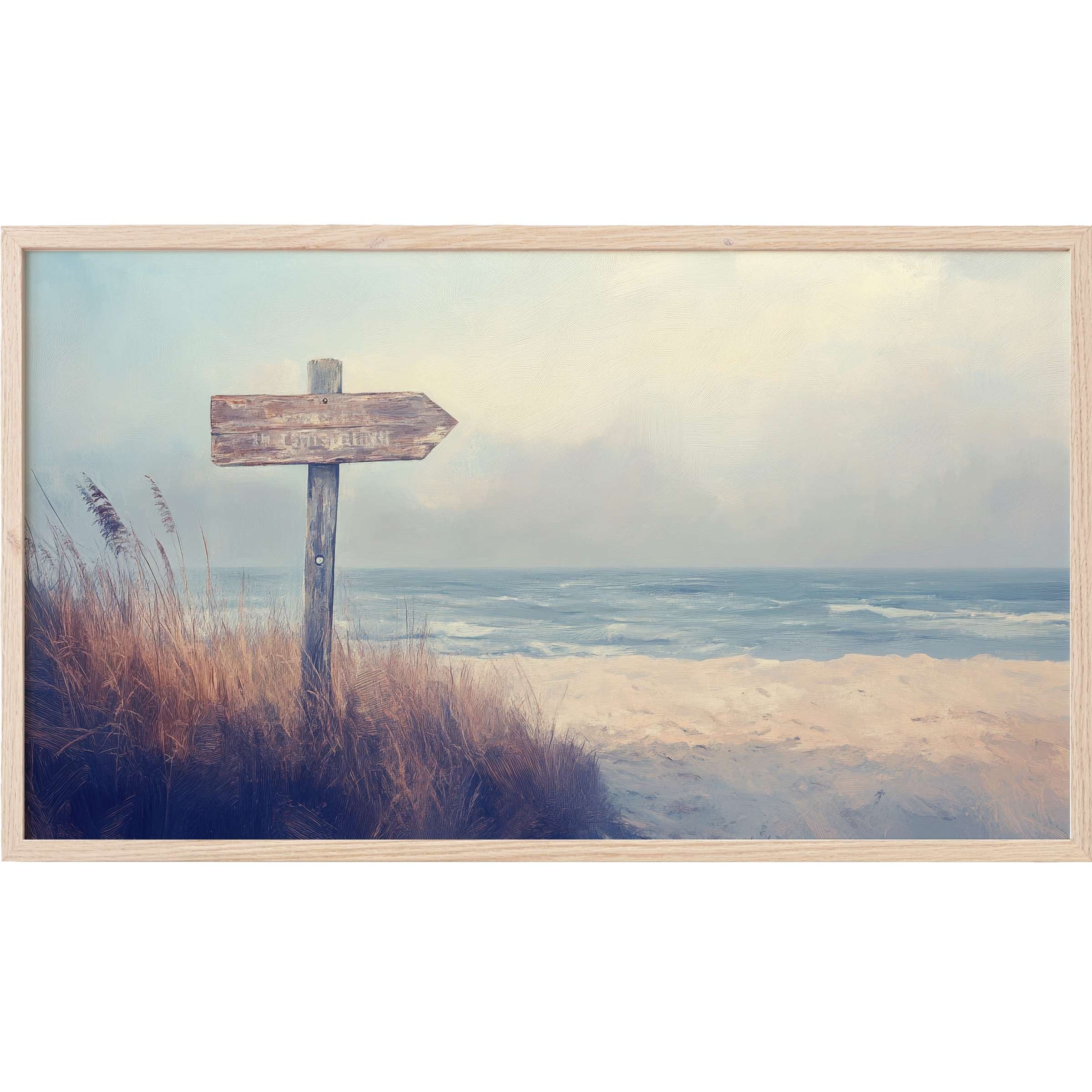Serene beach scene with soft blues and sandy tones, rustic wooden sign in grass, beach Frame TV Art