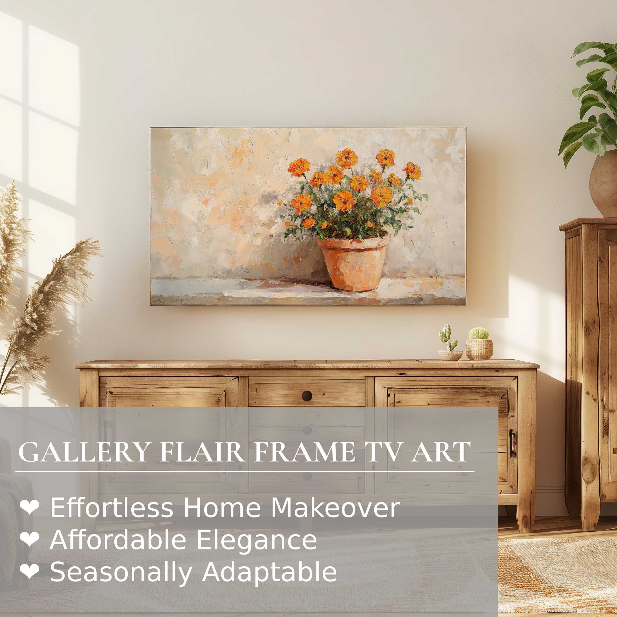 Modern living room showcasing Samsung Frame TV with elegant botanical digital artwork of vibrant flowers in terracotta pot