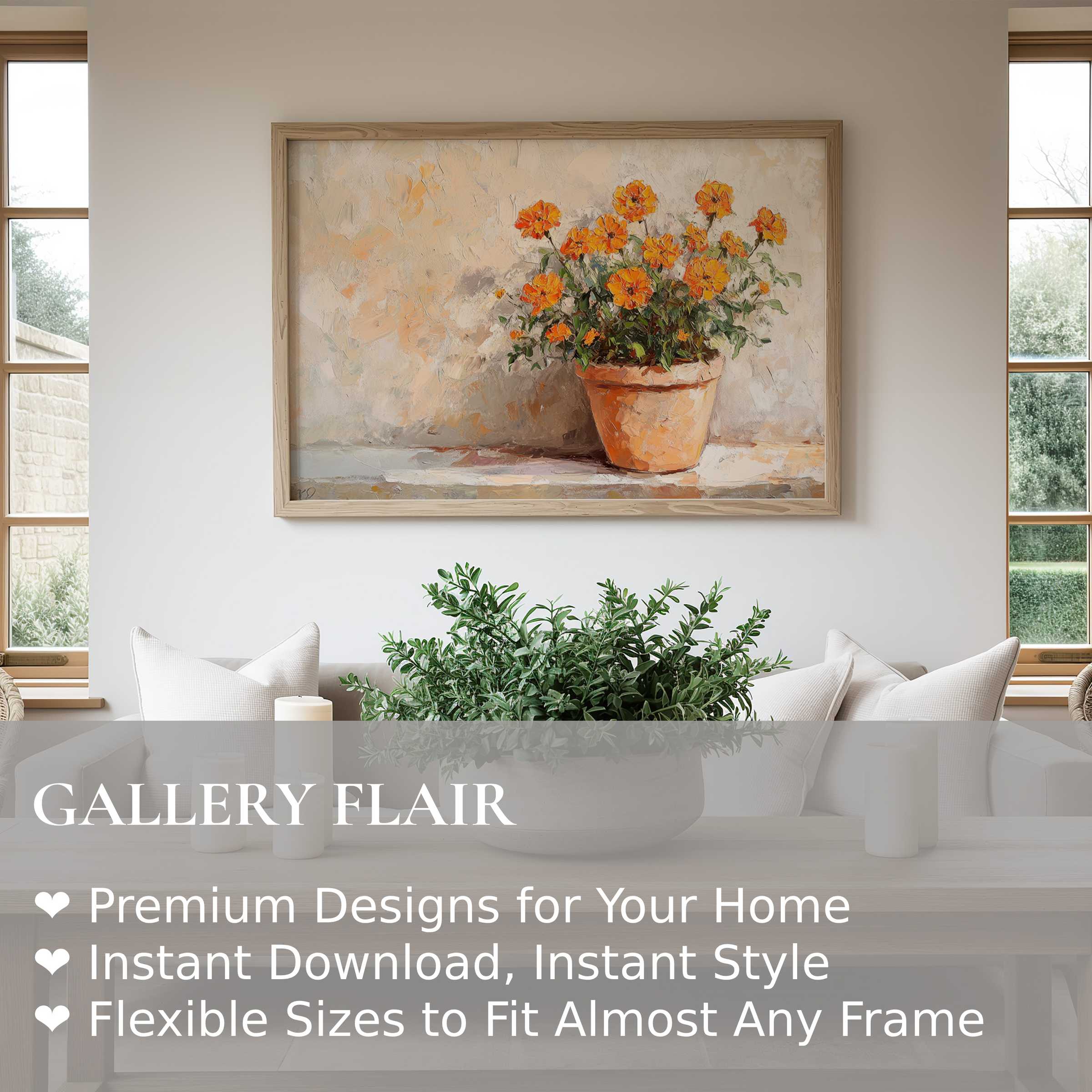 Botanical wall art print featuring vibrant orange blossoms in textured terracotta pot, enhancing serene modern farmhouse interiors with warm, radiant charm
