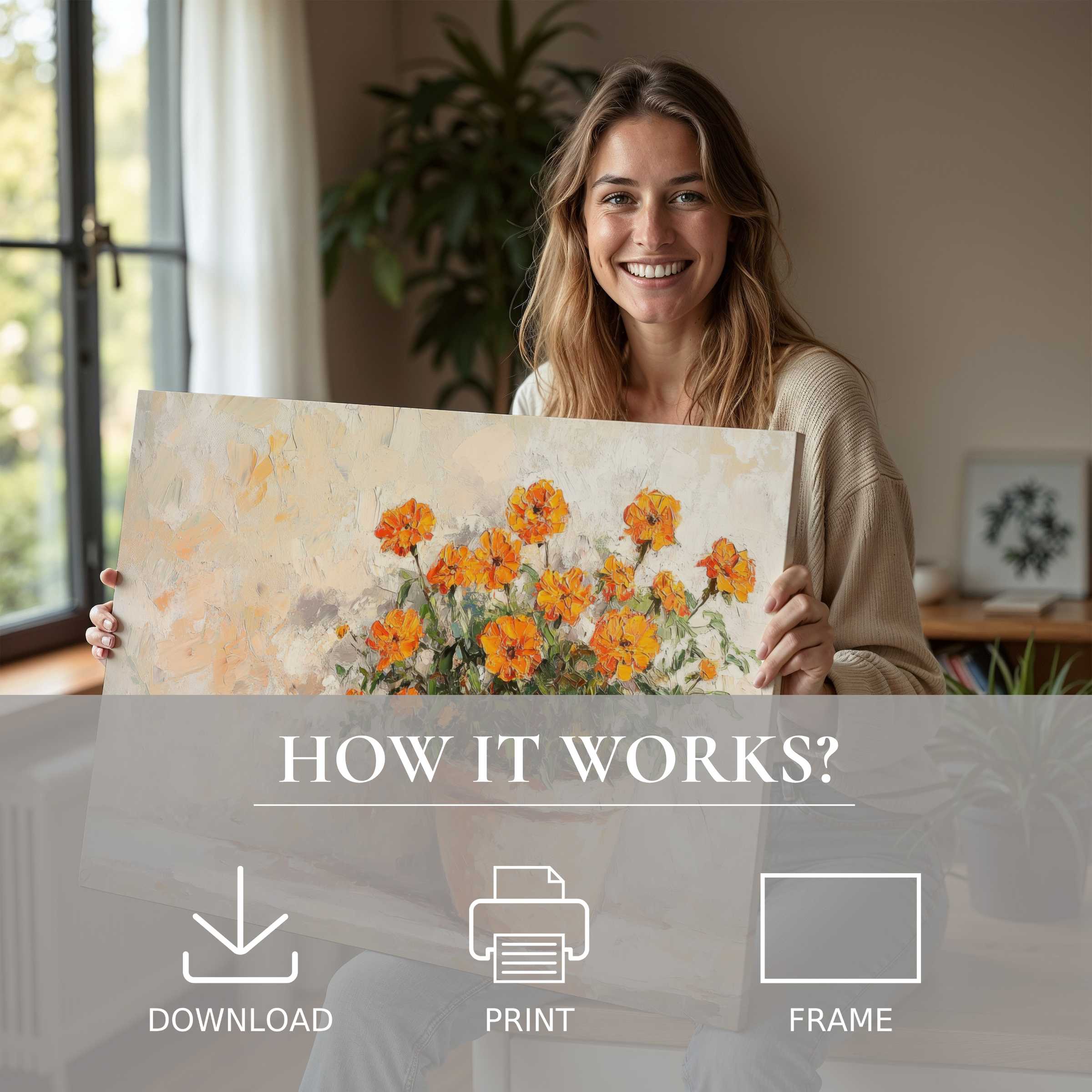 Joyful moment with botanical digital art print radiating warmth in a contemporary home-effortless elegance in living with art