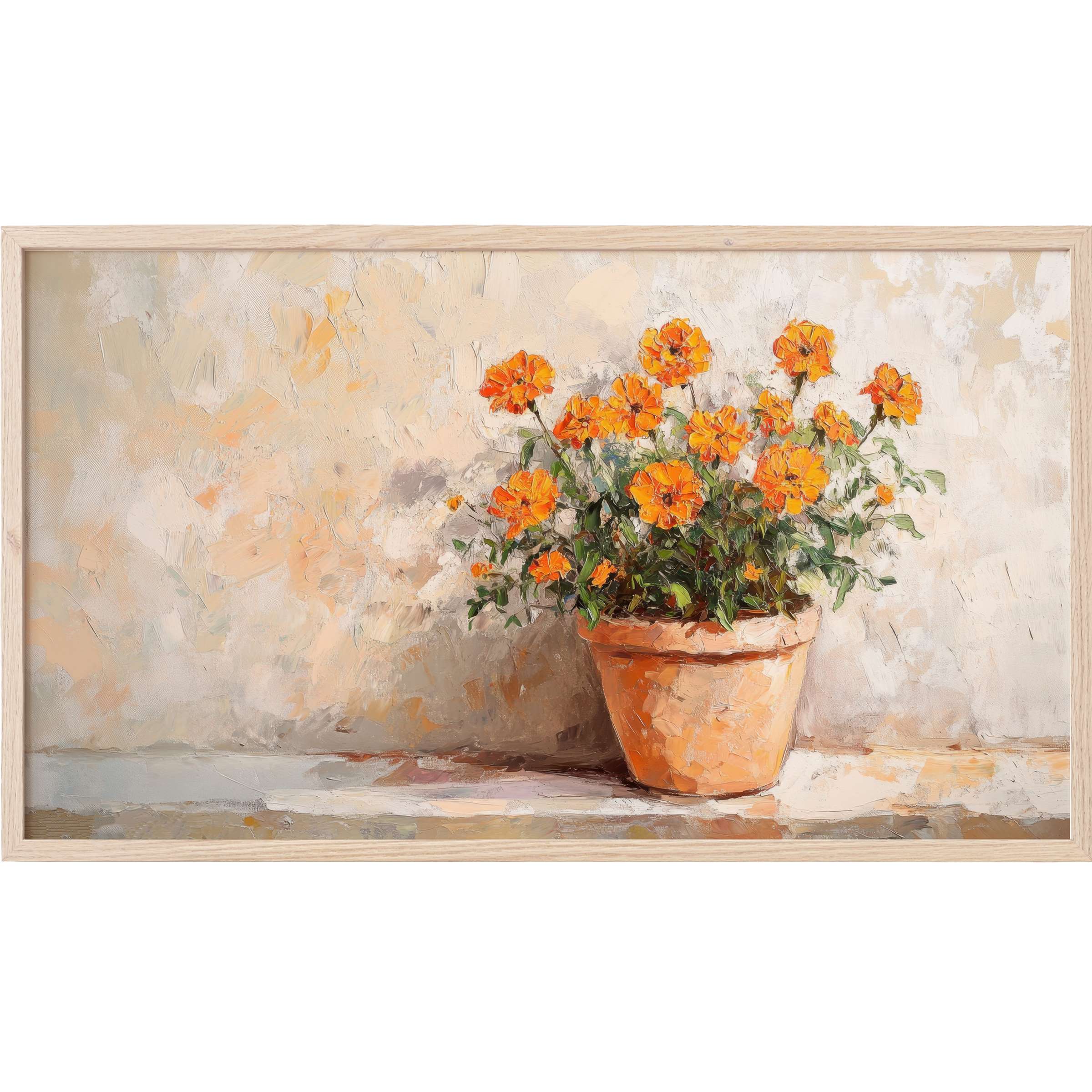 Elegant botanical Frame TV Art with vibrant orange blooms in terracotta pot against soft textured beige backdrop