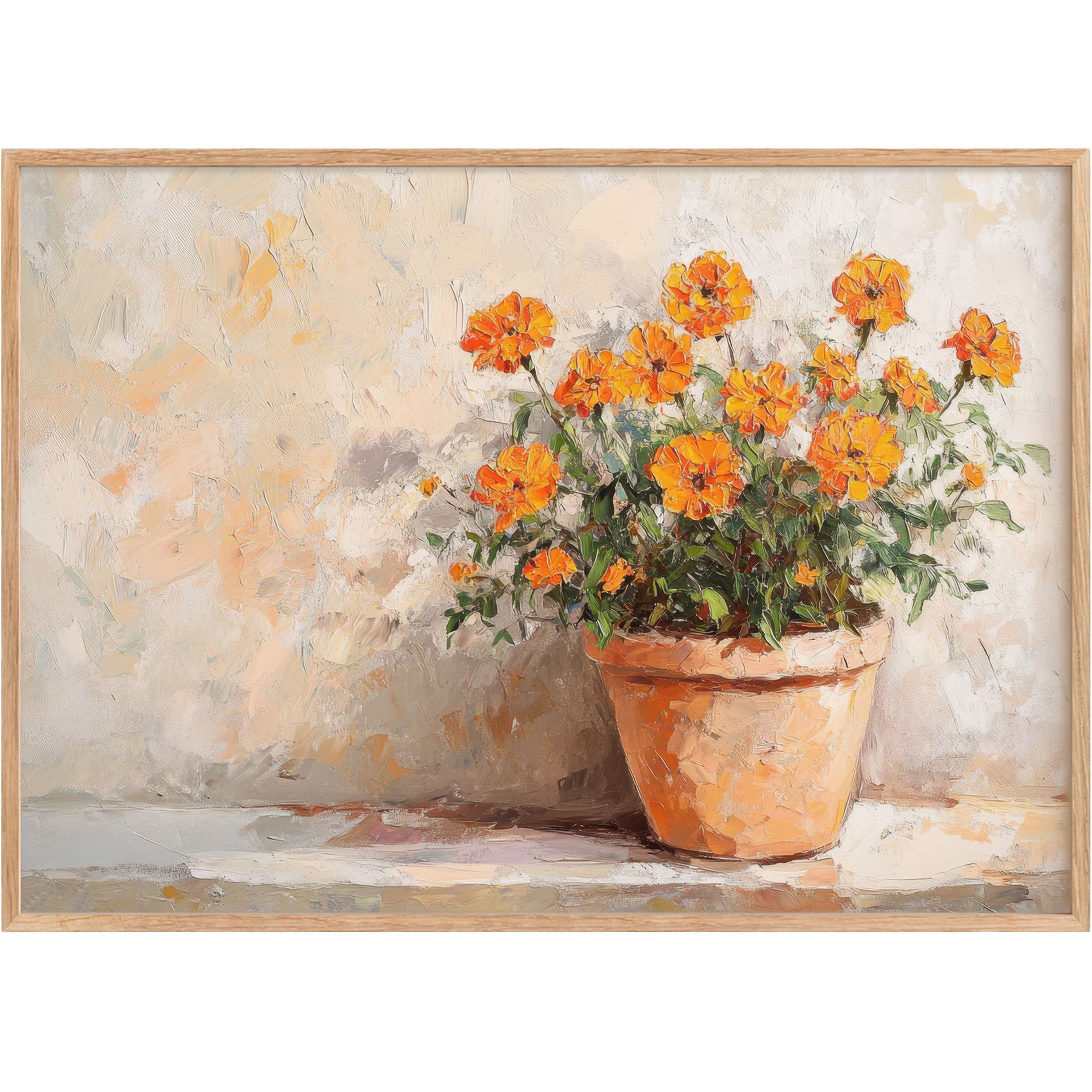 Botanical printable wall art showcasing vibrant orange blooms in a sunlit terracotta pot, evoking warm, serene elegance