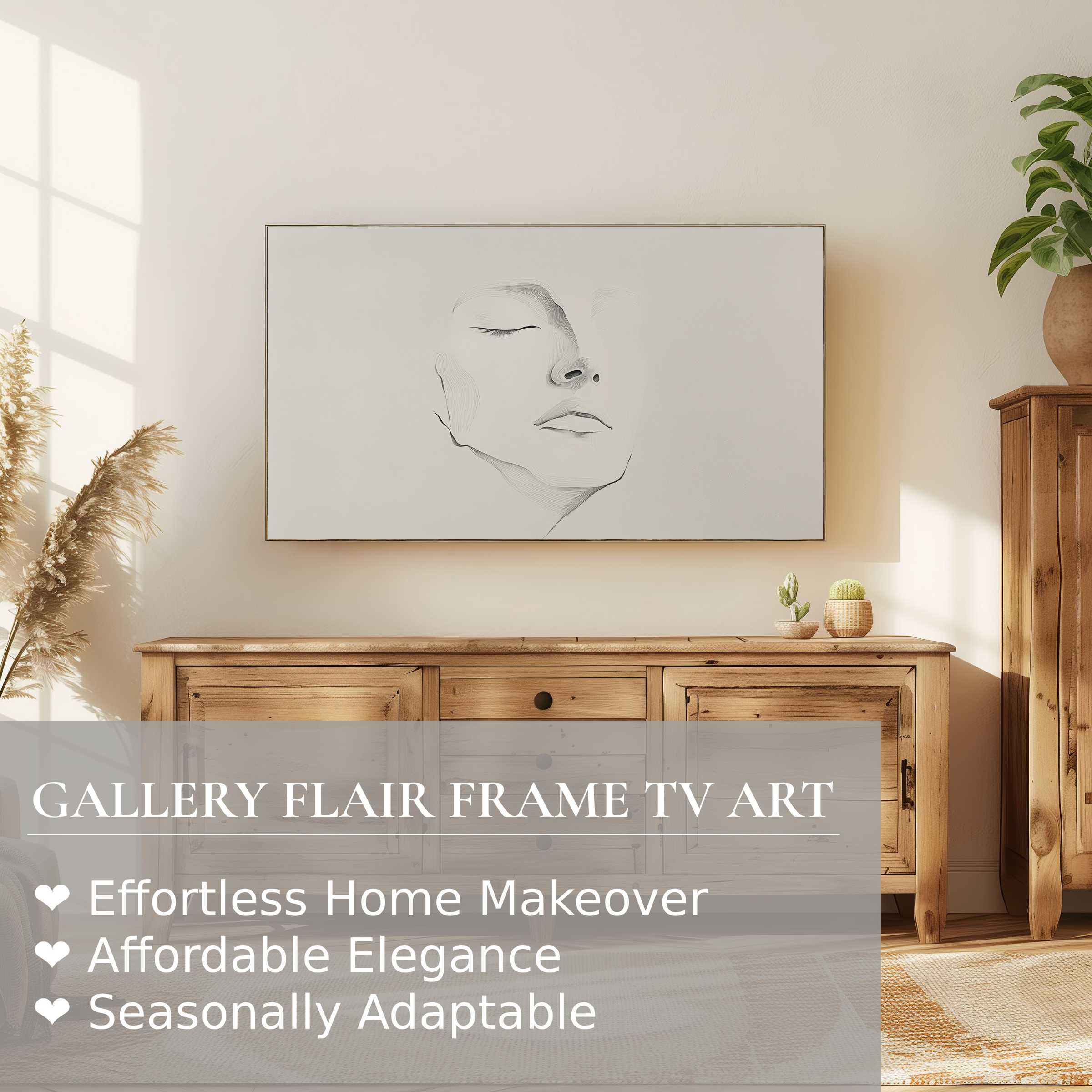 Samsung Frame TV displaying elegant black and white digital artwork in a modern, sunlit natural wood living space