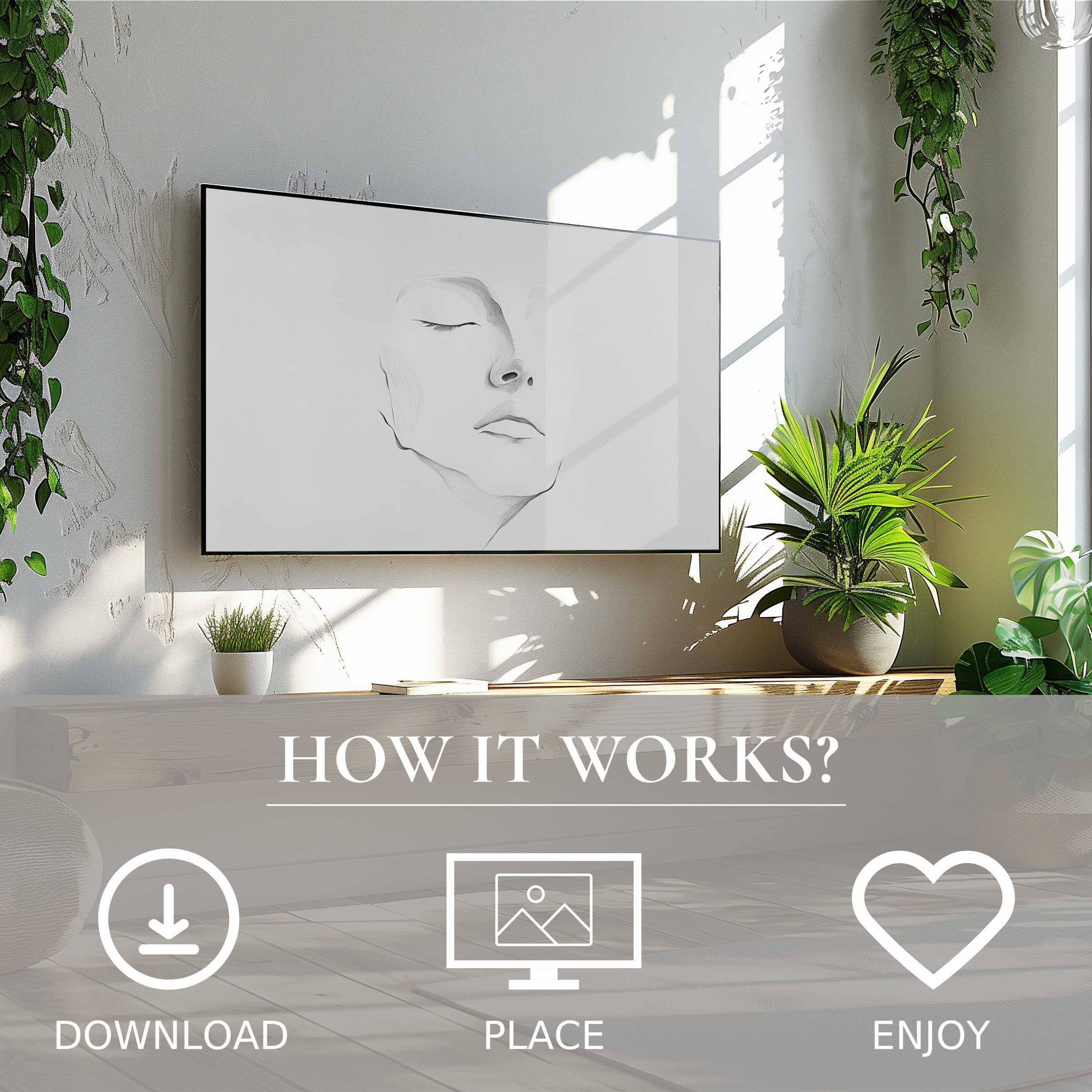 Black and white art for Samsung TV shows a serene face sketch; easy digital download enriches modern living spaces