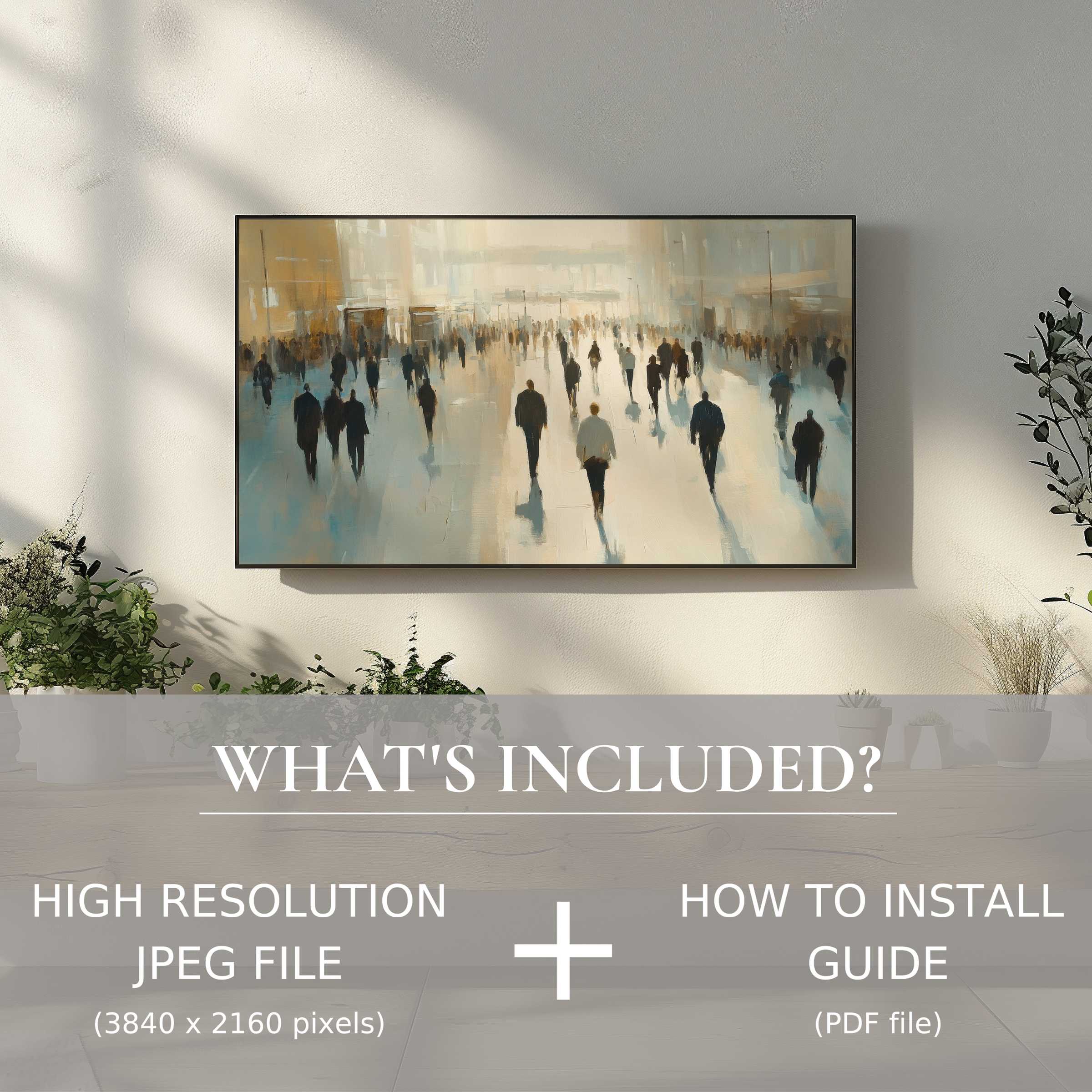 Elegant urban digital TV art download enhances any living space with ease through high-res JPEG and install guide