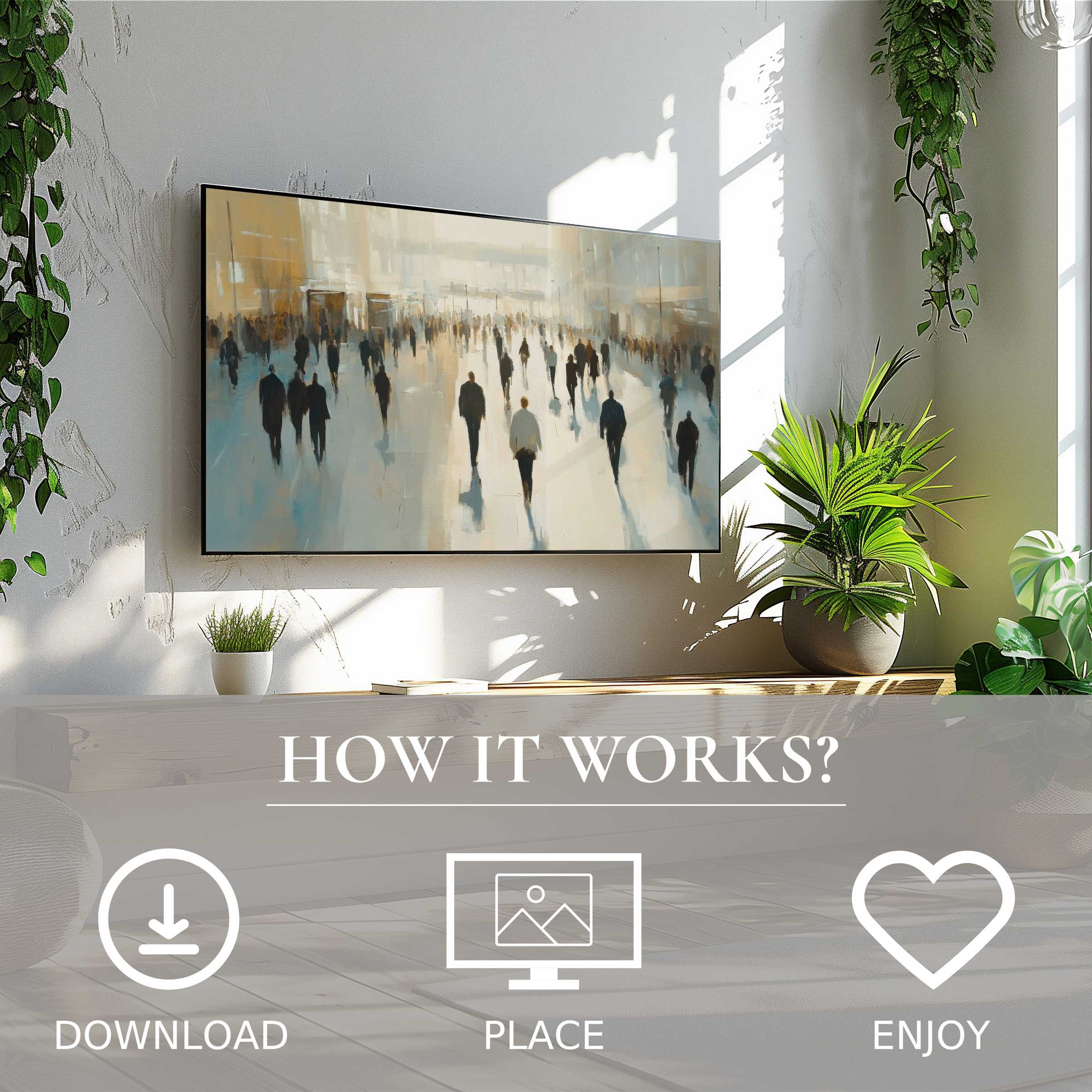 Urban art for Samsung TV: digital download enriches space with soft, muted crowd scene; easy to place and enjoy in modern living