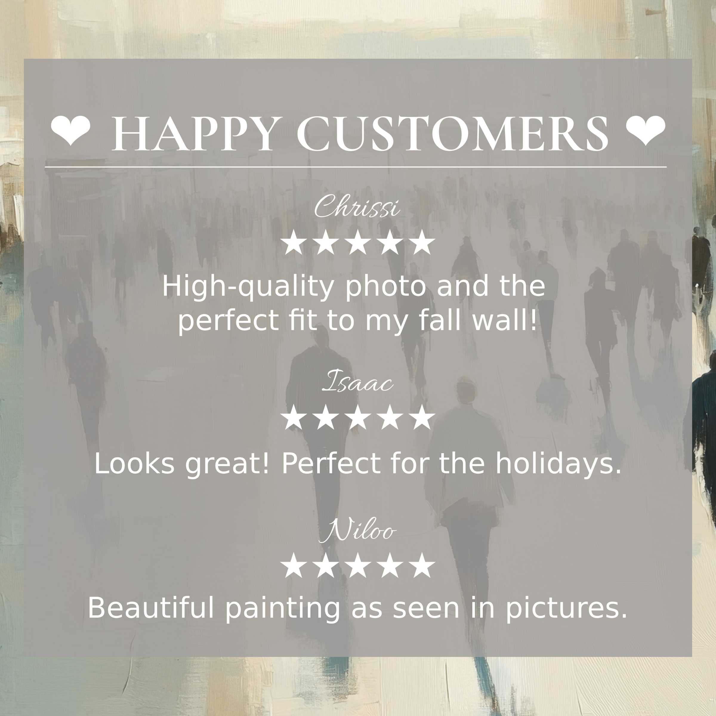Urban art for Frame TV with abstract muted city hues, showcasing happy customer reviews and elegant design trust