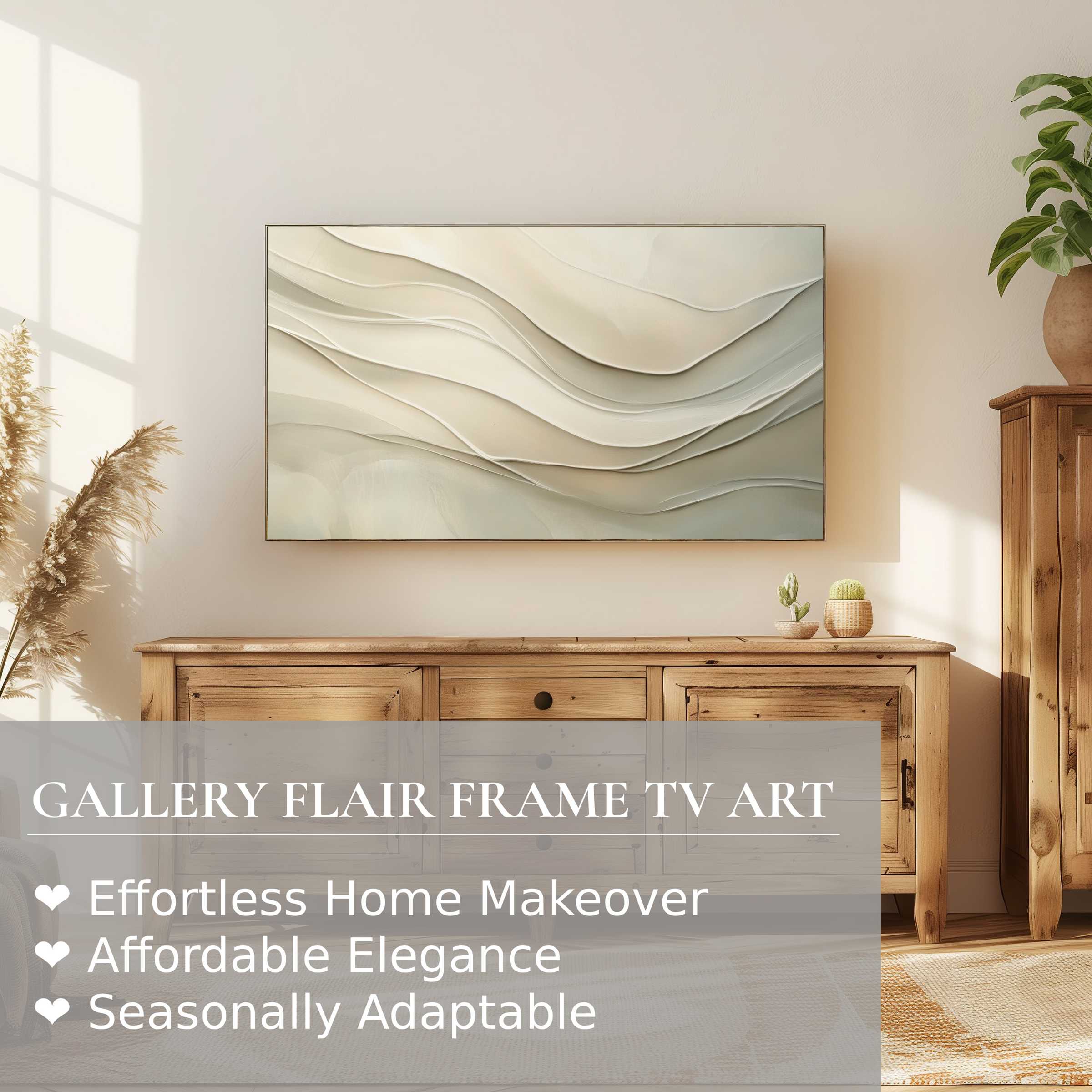 Samsung Frame TV displaying neutral digital artwork with soft, flowing lines in a warm, natural living space