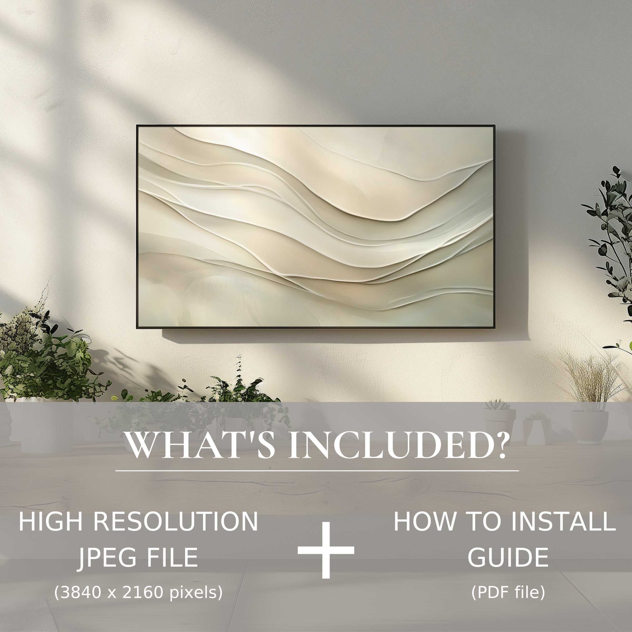 Elegant neutral digital TV art download with easy use, enhancing your living space with modern, serene wall decor
