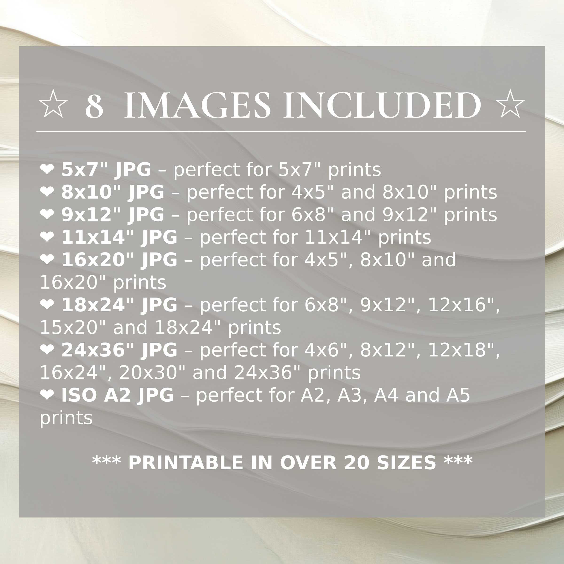 Neutral digital print in soft beige and muted gray tones, radiating calm sophistication; includes 8 high-quality sizes for versatile modern interiors