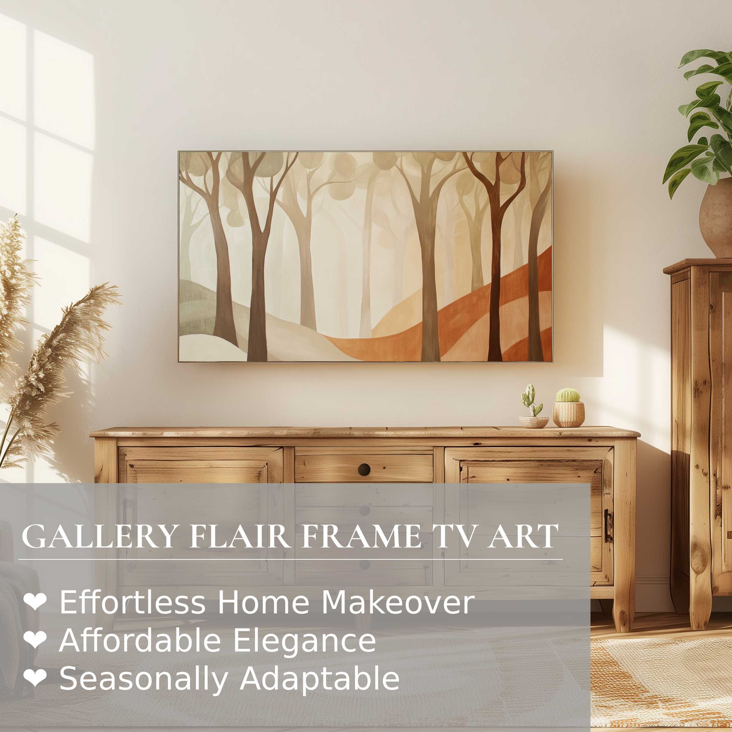 Samsung Frame TV displaying warm, modern digital artwork of abstract forest, enhancing refined, contemporary home decor