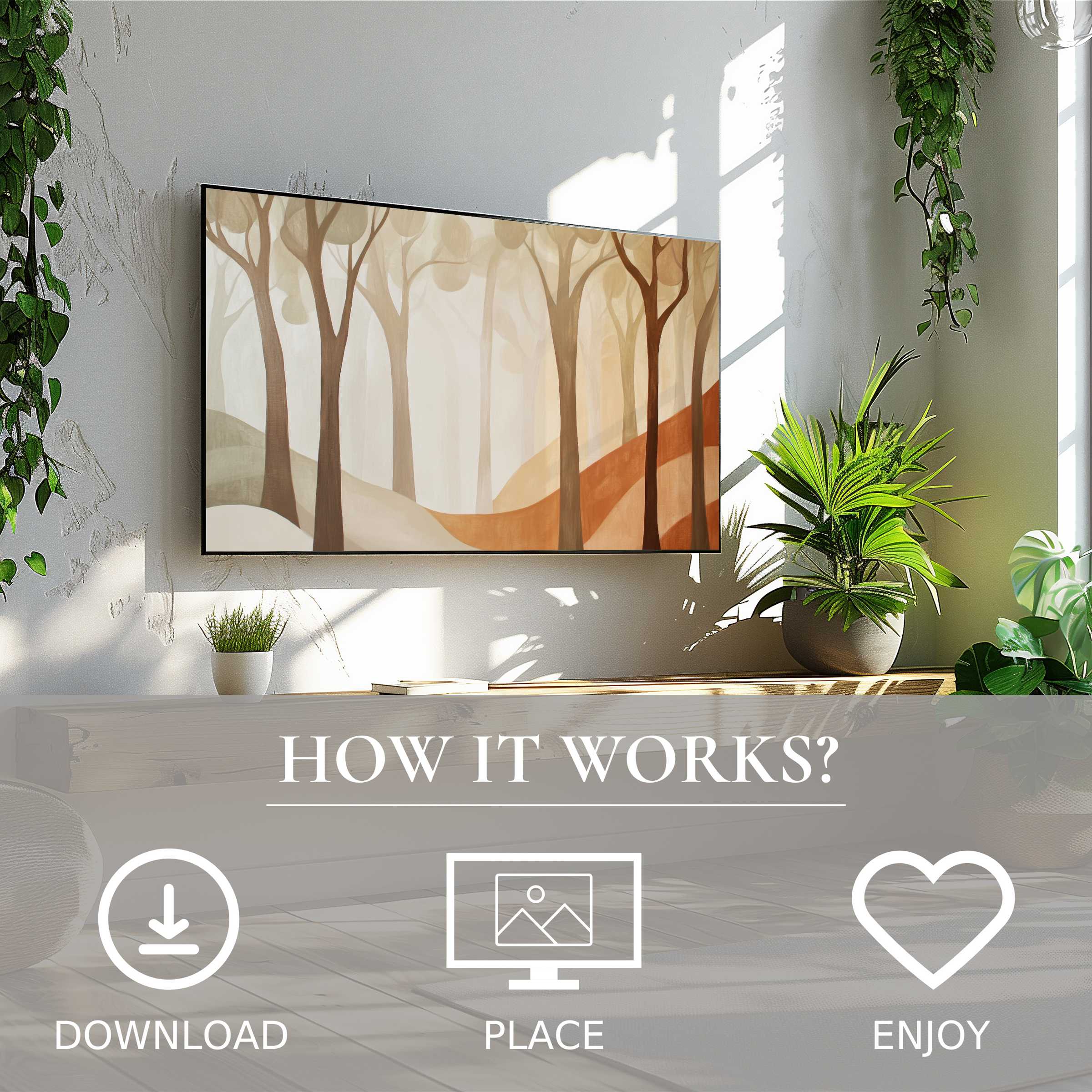 Modern art for Samsung TV: digital download with warm forest motif enriches bright, plant-filled living spaces effortlessly