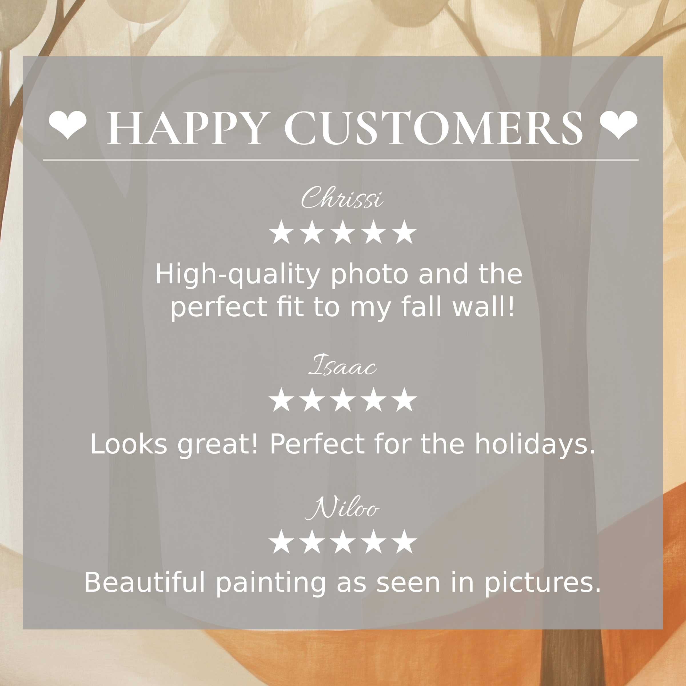 Trustworthy layout with star-rated reviews and abstract sunset trees, showcasing modern art for Frame TV and happy customer praise
