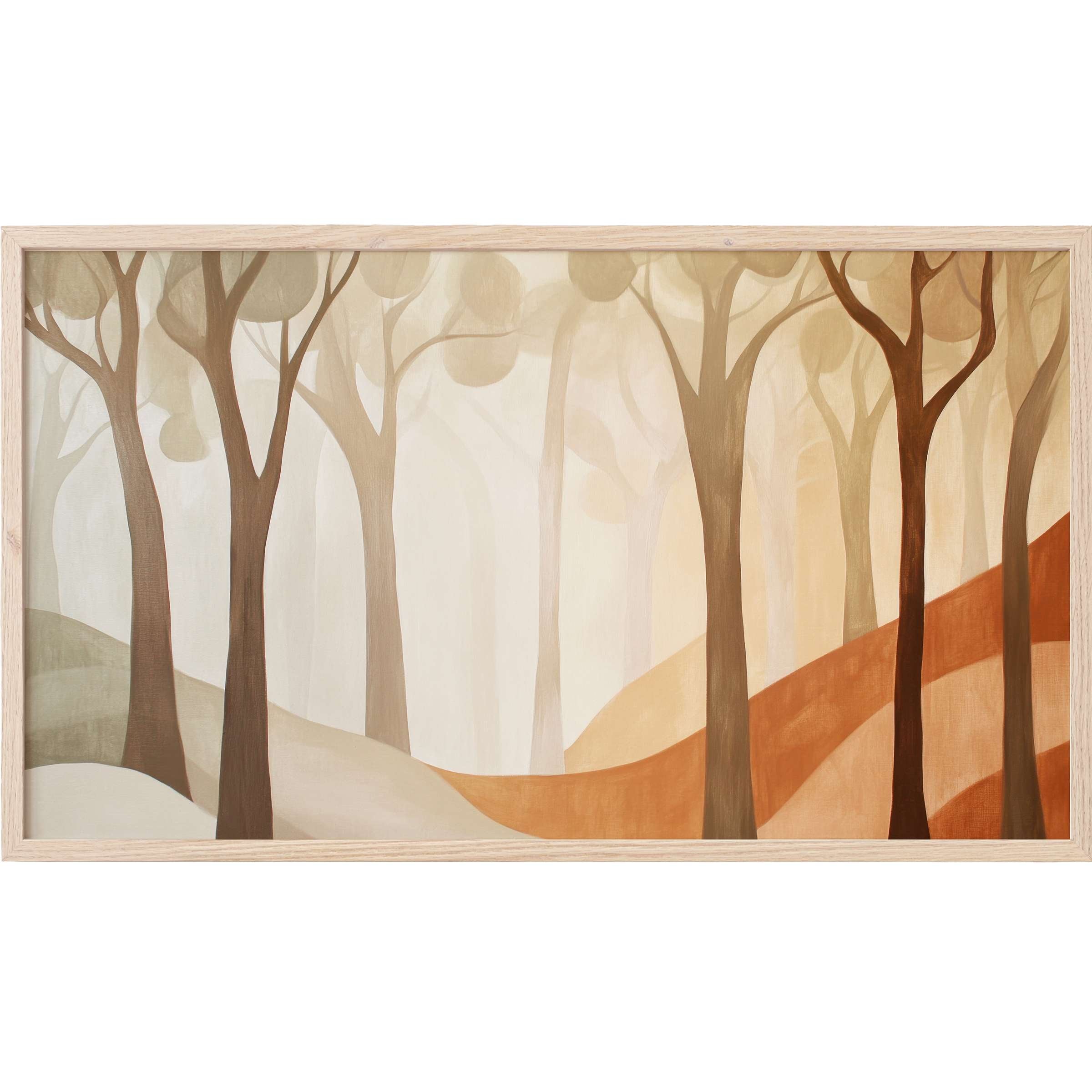Modern Frame TV Art featuring a serene forest in warm beige, brown, and terracotta tones with soft, abstract shapes