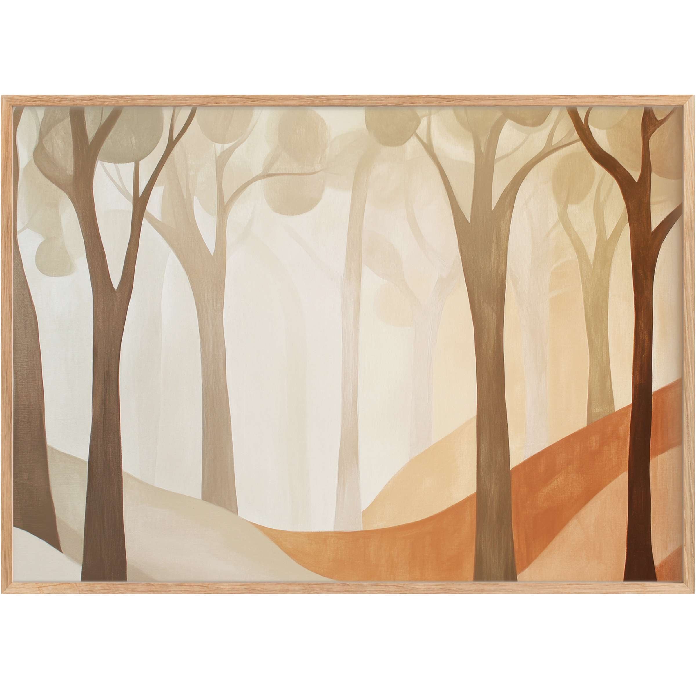 Serene forest scene in soft browns and warm ochres, modern printable wall art that elevates tranquil, stylish interiors