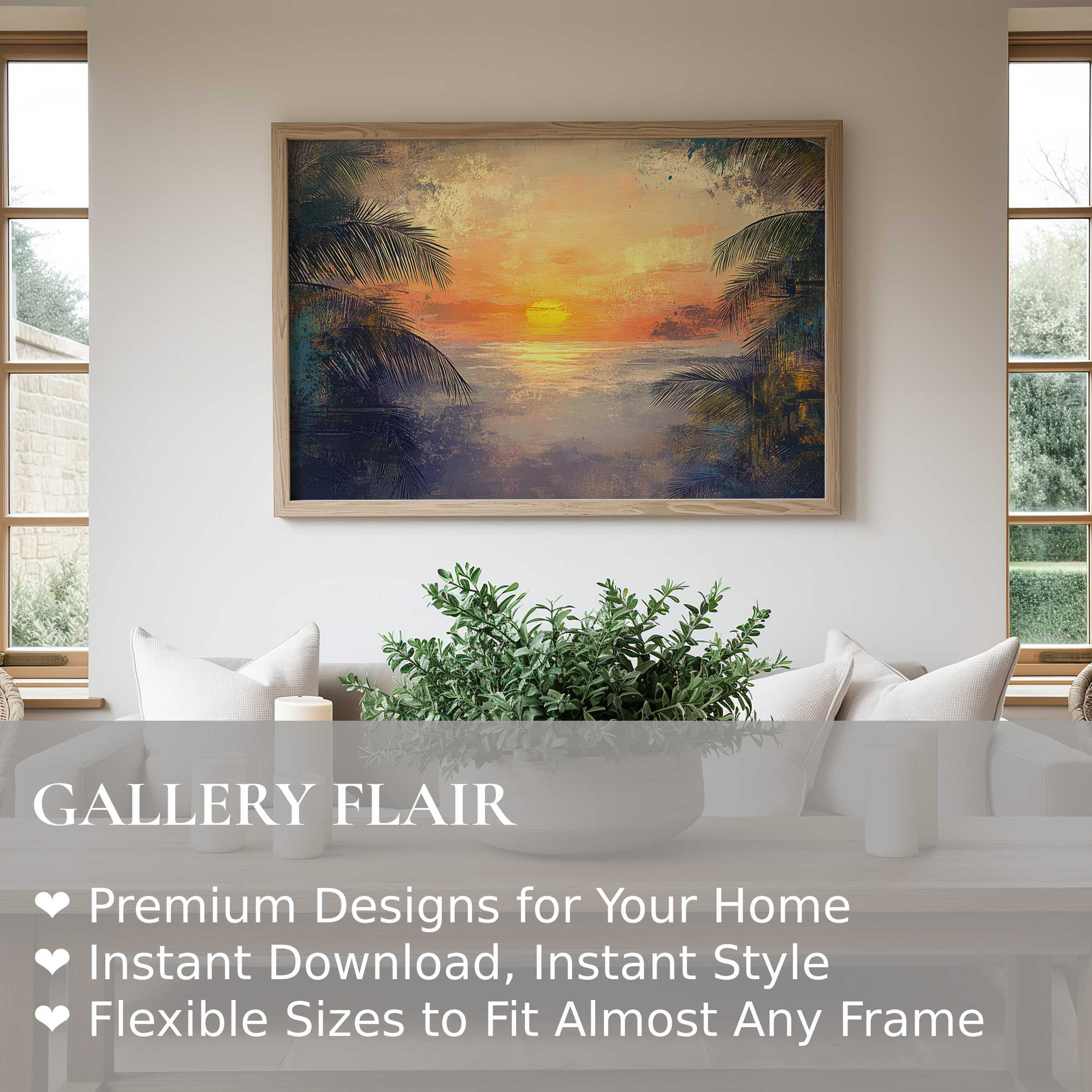 Radiant tree wall art print capturing a tranquil sunset with palm silhouettes, elevating modern minimalist interiors