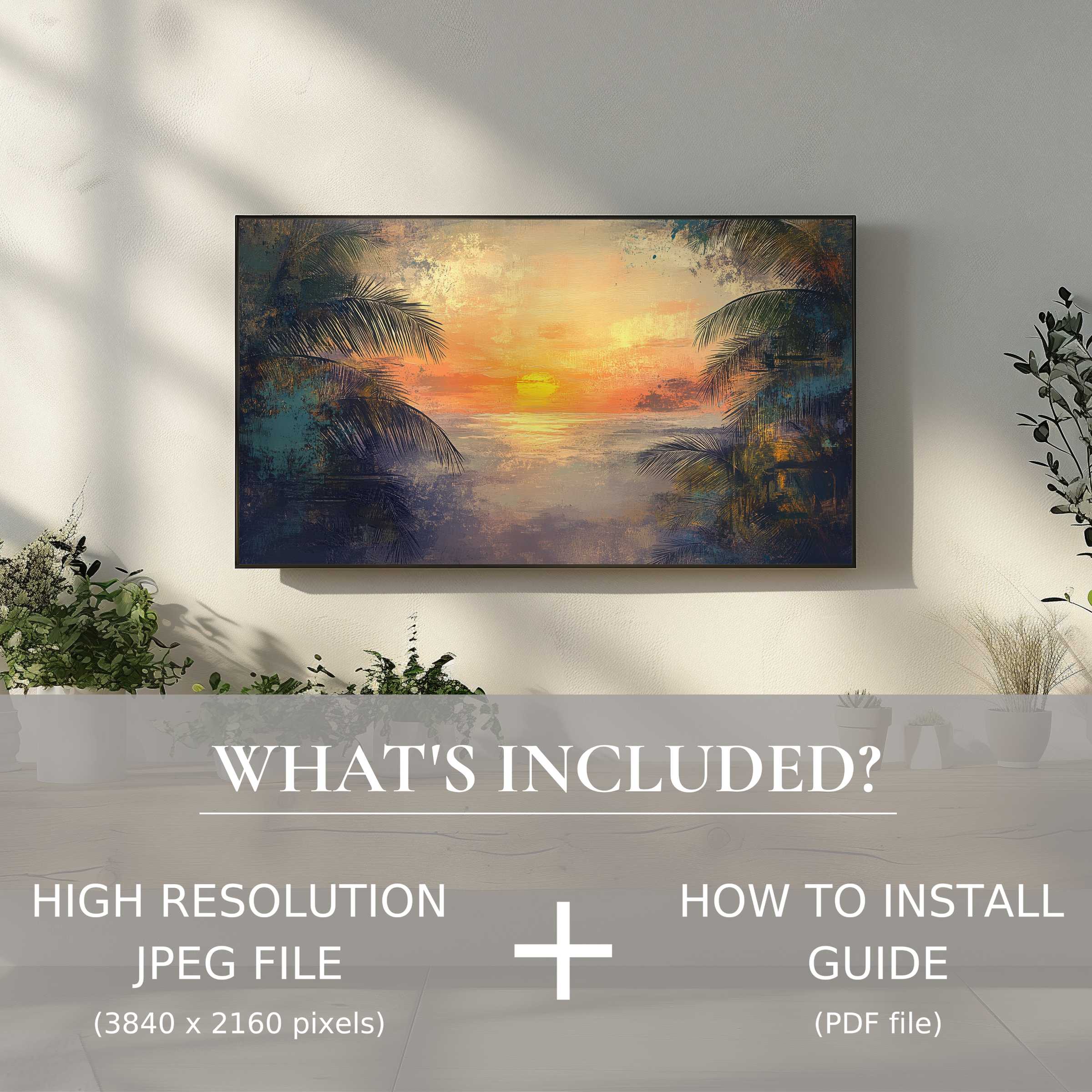 Elegant tree digital TV art download, easy digital use enhances living space with serene tropical sunset