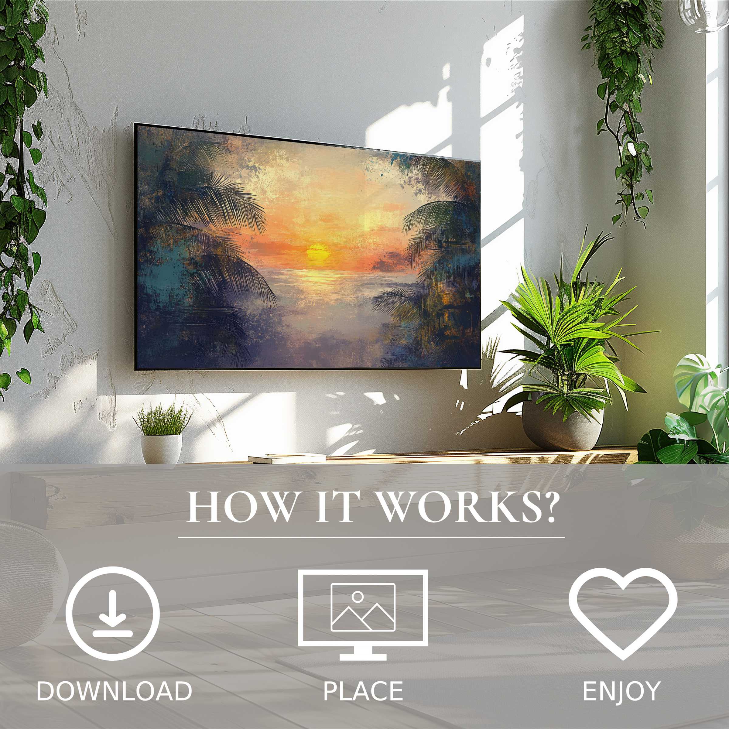 Tree art for Samsung TV shows soft sunset tones with palm motif; easy digital download enriches modern living spaces