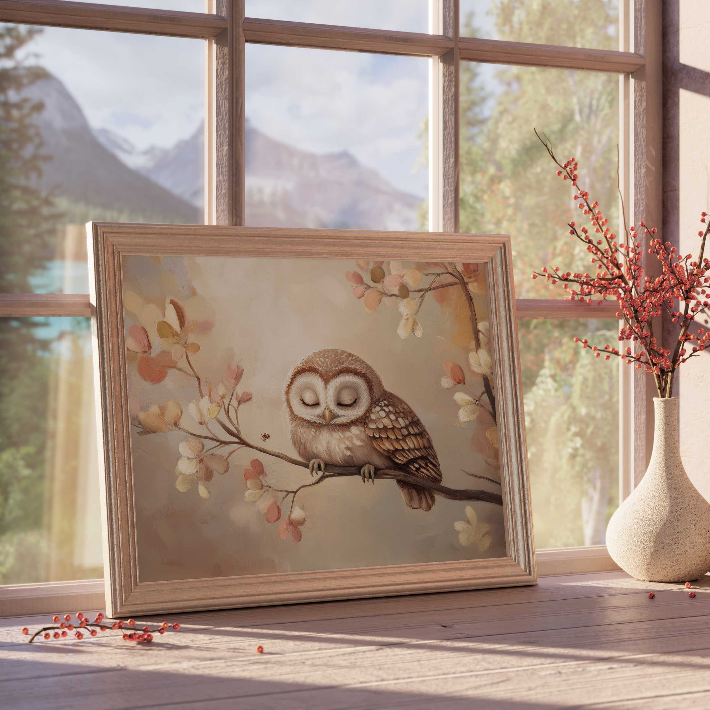 Nursery downloadable art featuring a serene owl perched on blossoming branches, infusing tranquil charm into curated modern nurseries