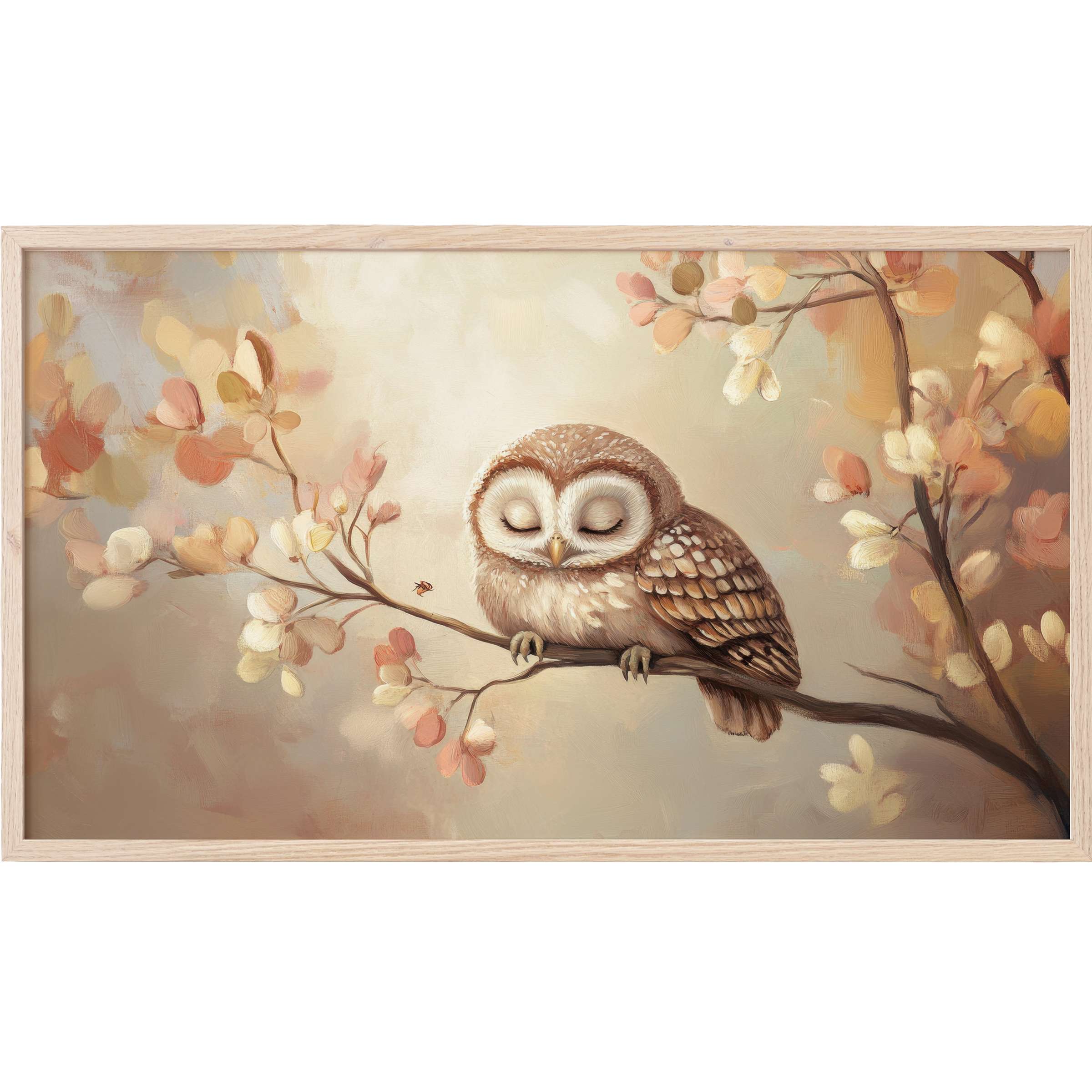 Soft pastel nursery Frame TV Art of a serene owl on a blossoming branch in warm beige and blush tones