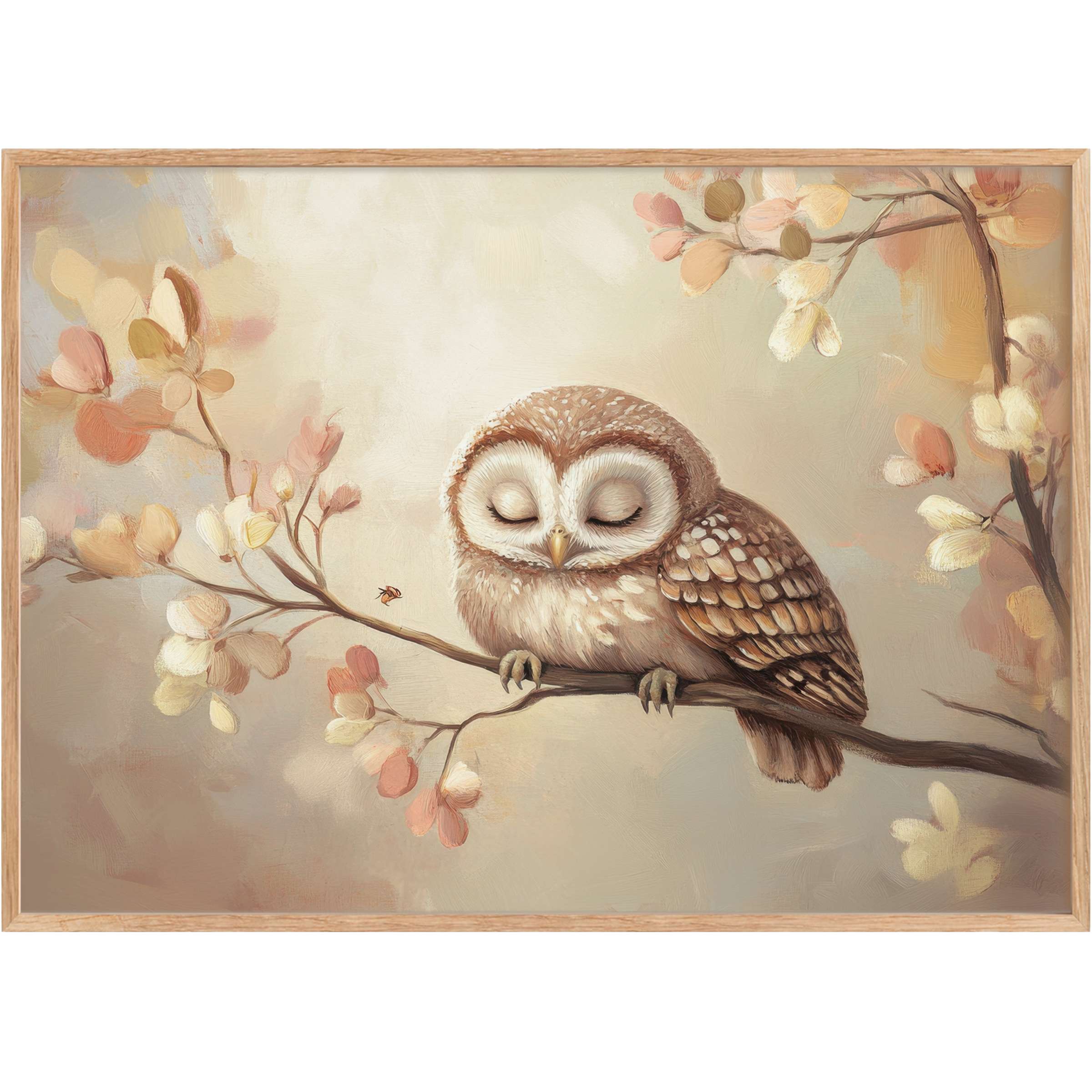 Tranquil nursery printable wall art of a serene owl resting on a blossoming branch, in warm beige and soft blush tones