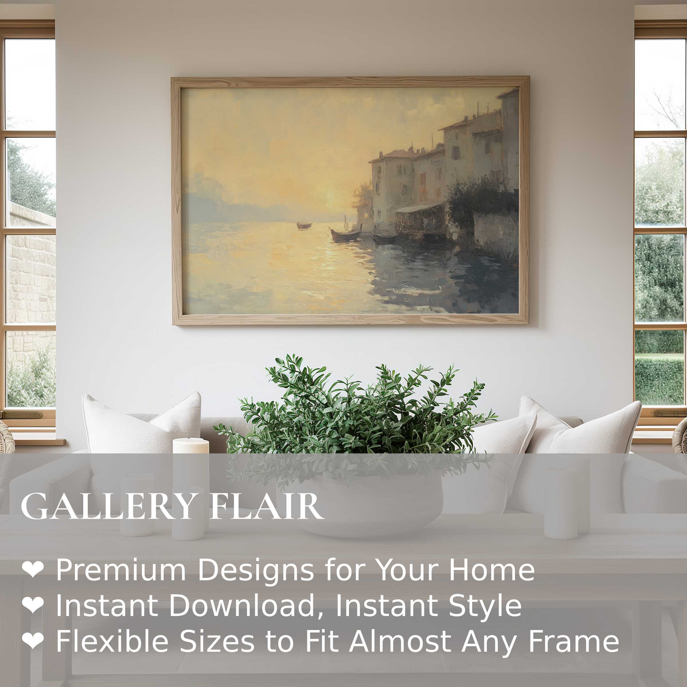 Vintage wall art print of a serene coastal village at sunset, radiating soft warmth and enhancing modern minimalist interiors with timeless elegance