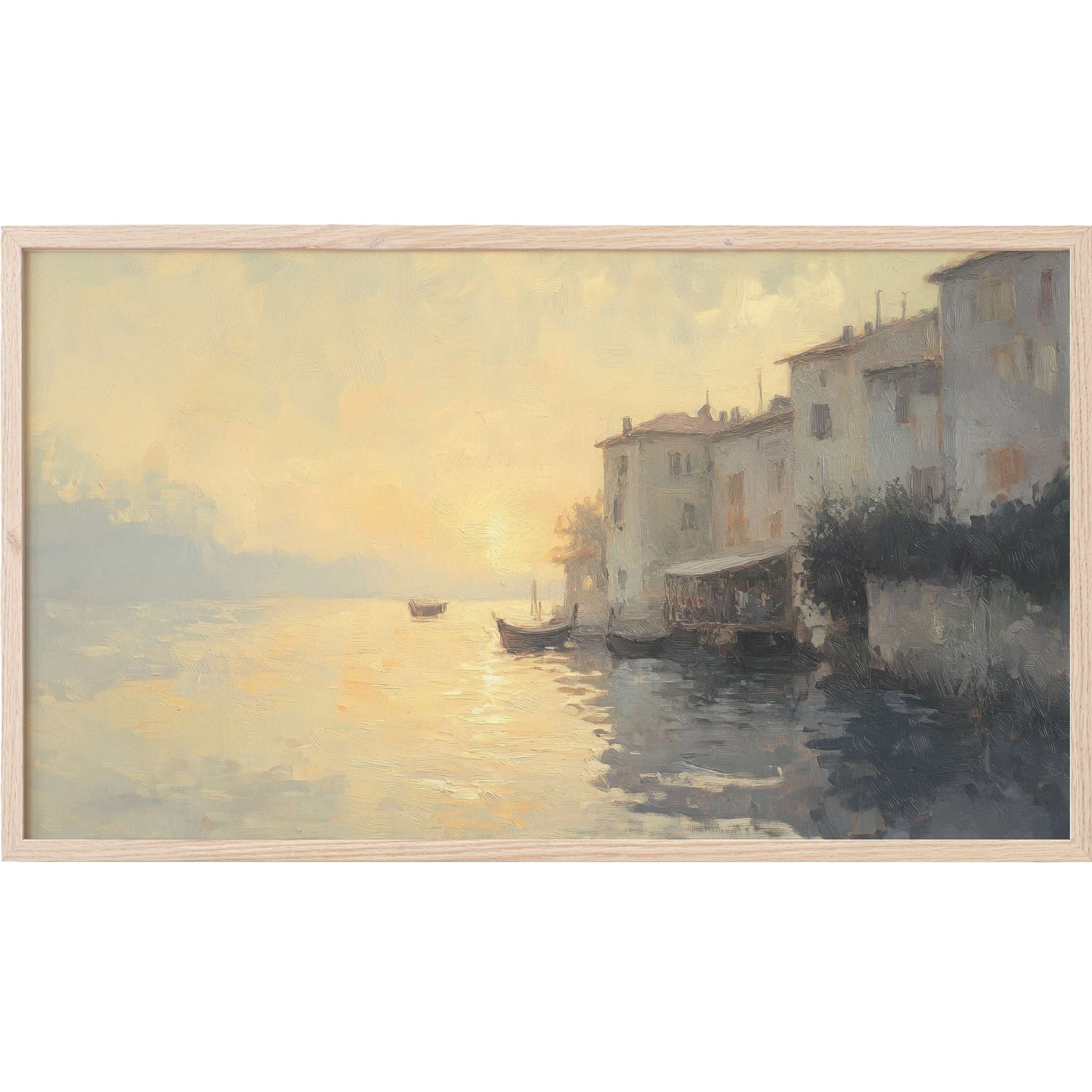 Vintage Frame TV Art showcasing a serene coastal village at sunset in muted, warm tones with painterly textures