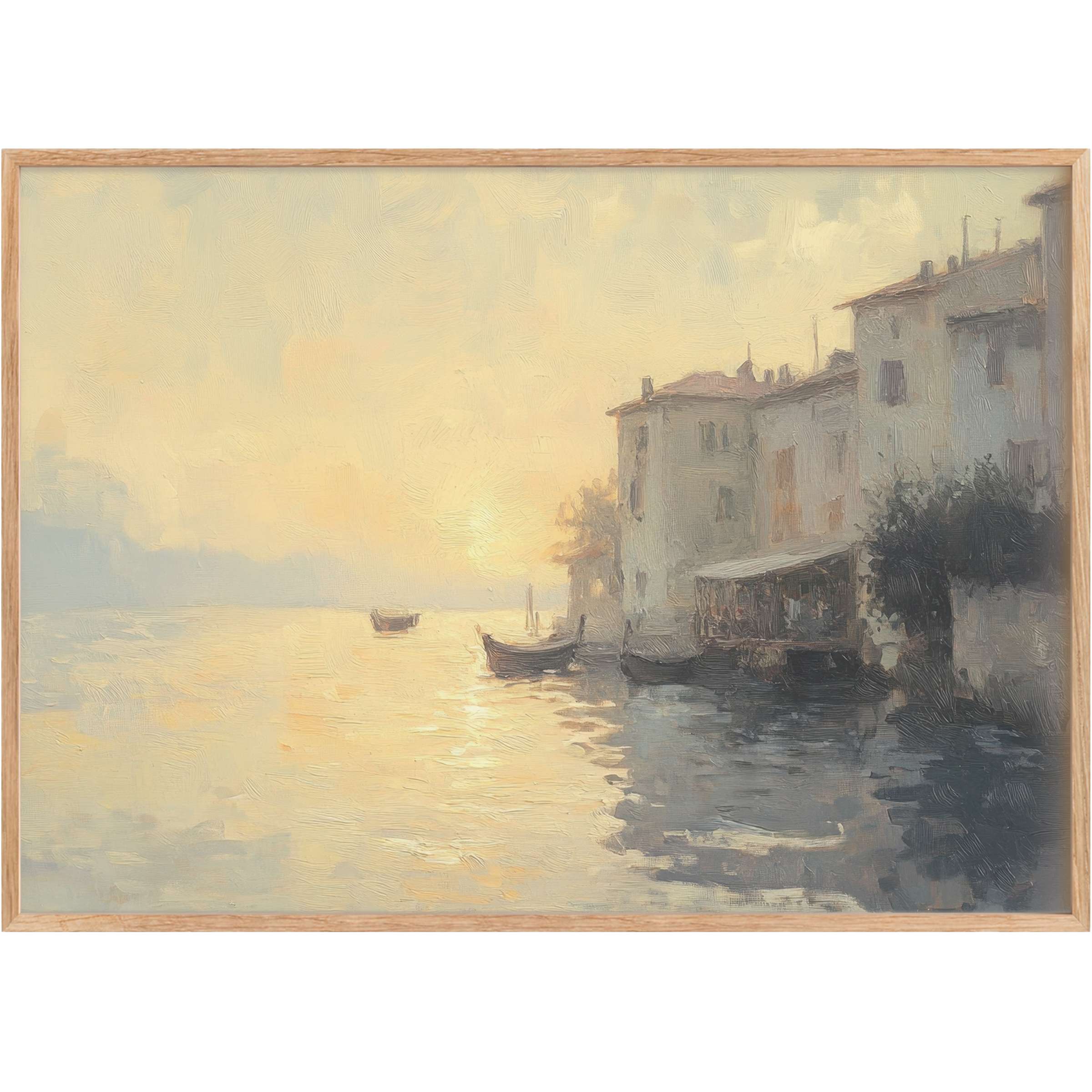 Vintage printable wall art capturing a serene waterfront at sunset, with soft golds and muted greys evoking timeless calm