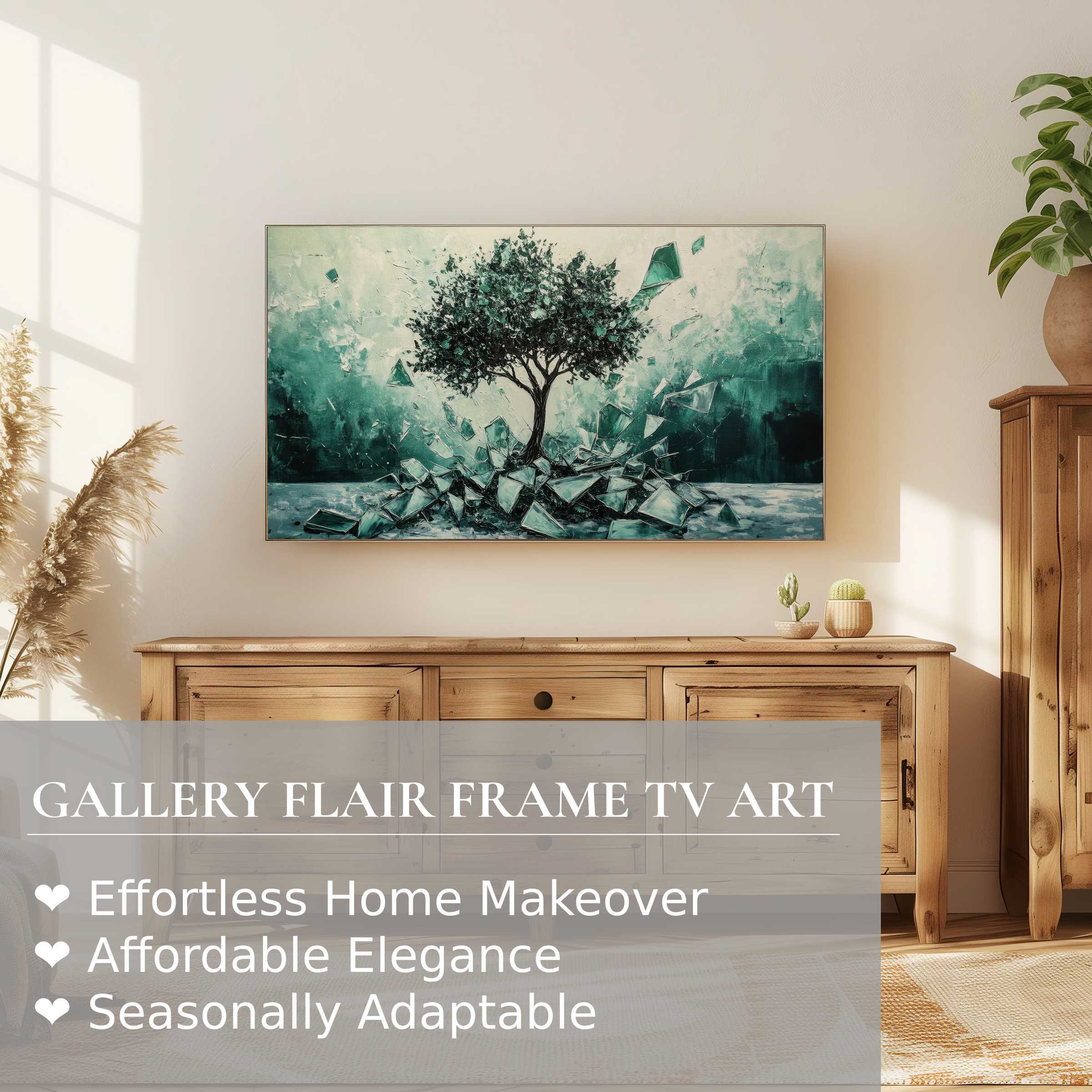 Modern Samsung Frame TV displays street art digital artwork of a teal shattered glass tree, enhancing refined home decor