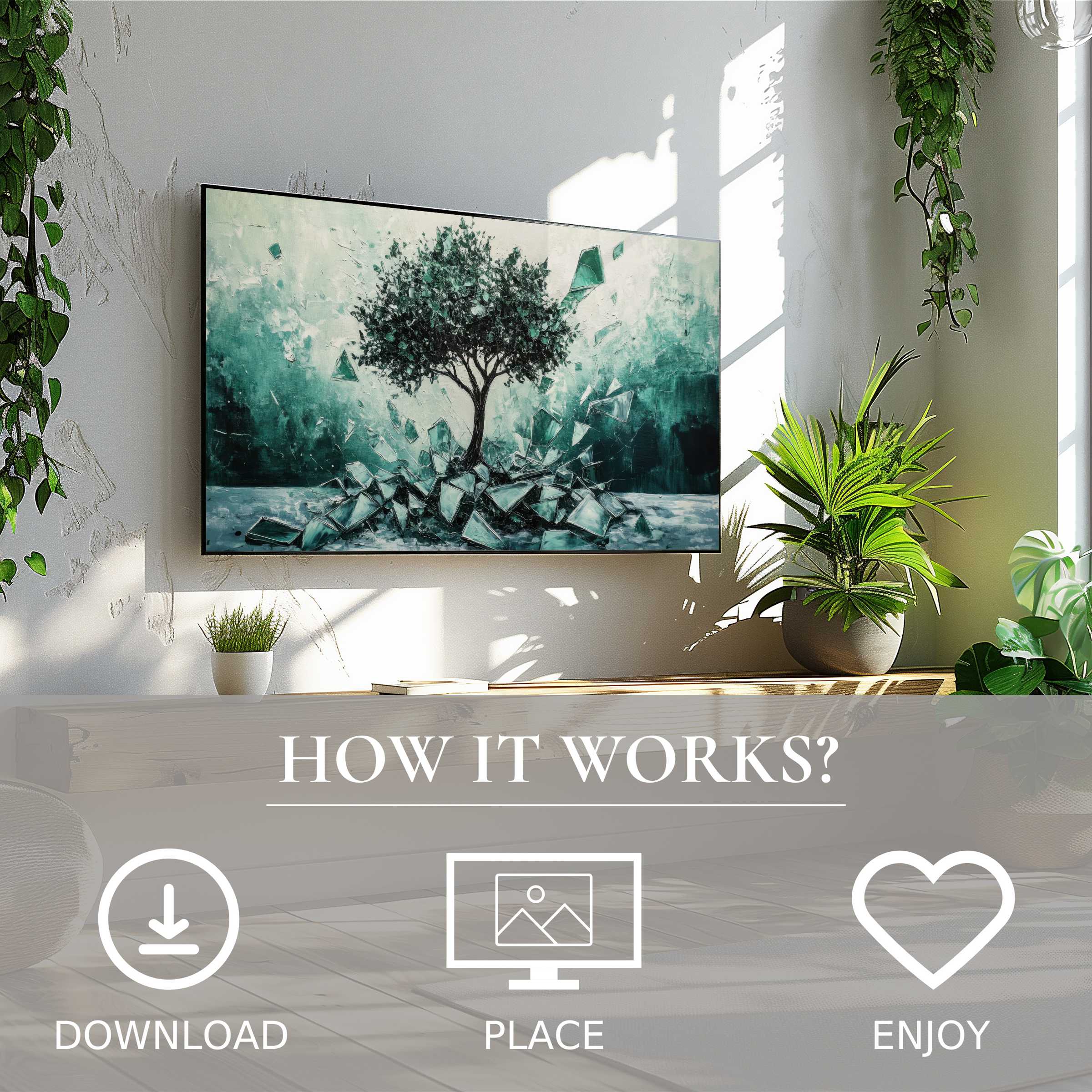 Modern living room with street art for Samsung TV; digital download shows teal tree motif enriching space