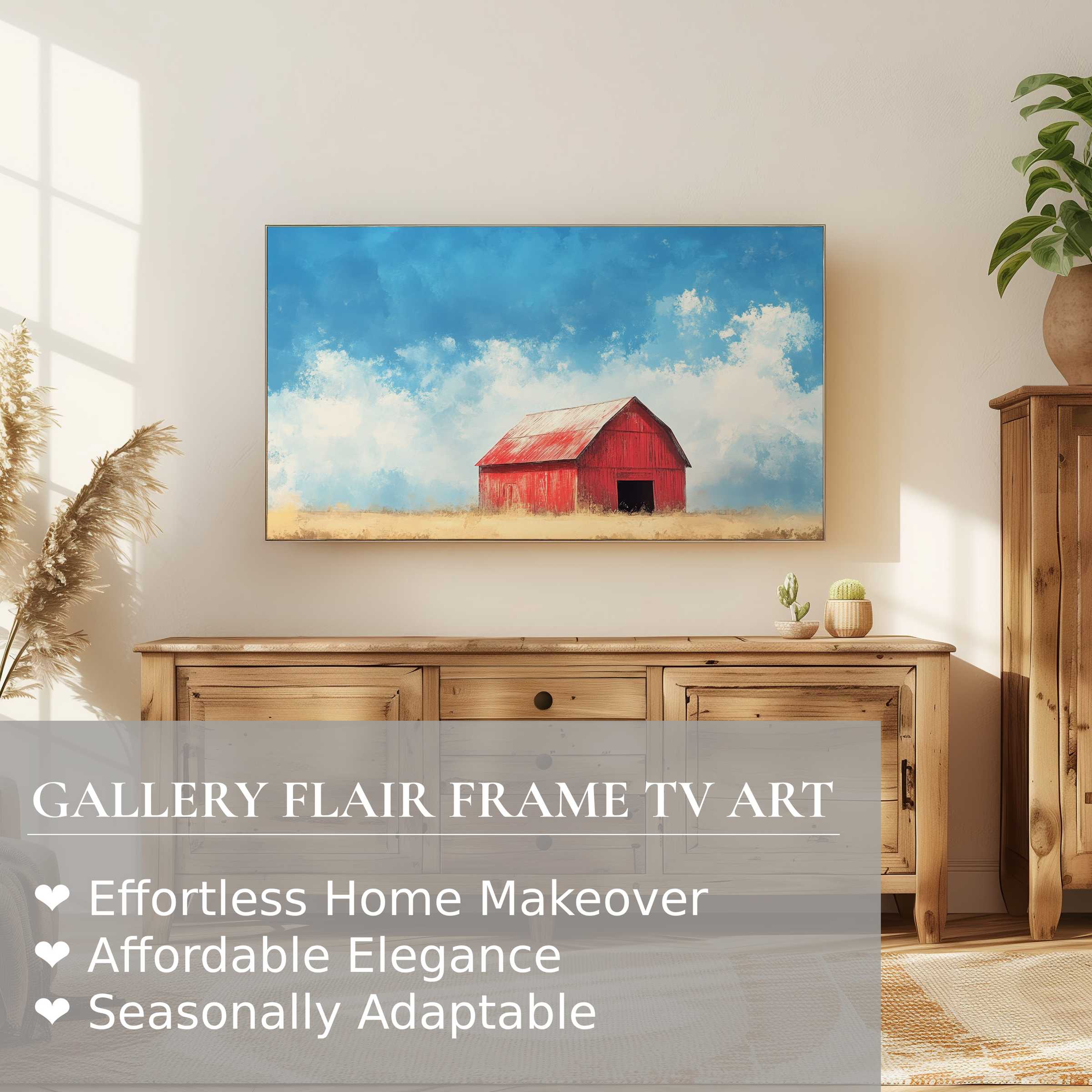 Samsung Frame TV displaying farmhouse digital artwork, blending rustic charm with modern, elegant home decor