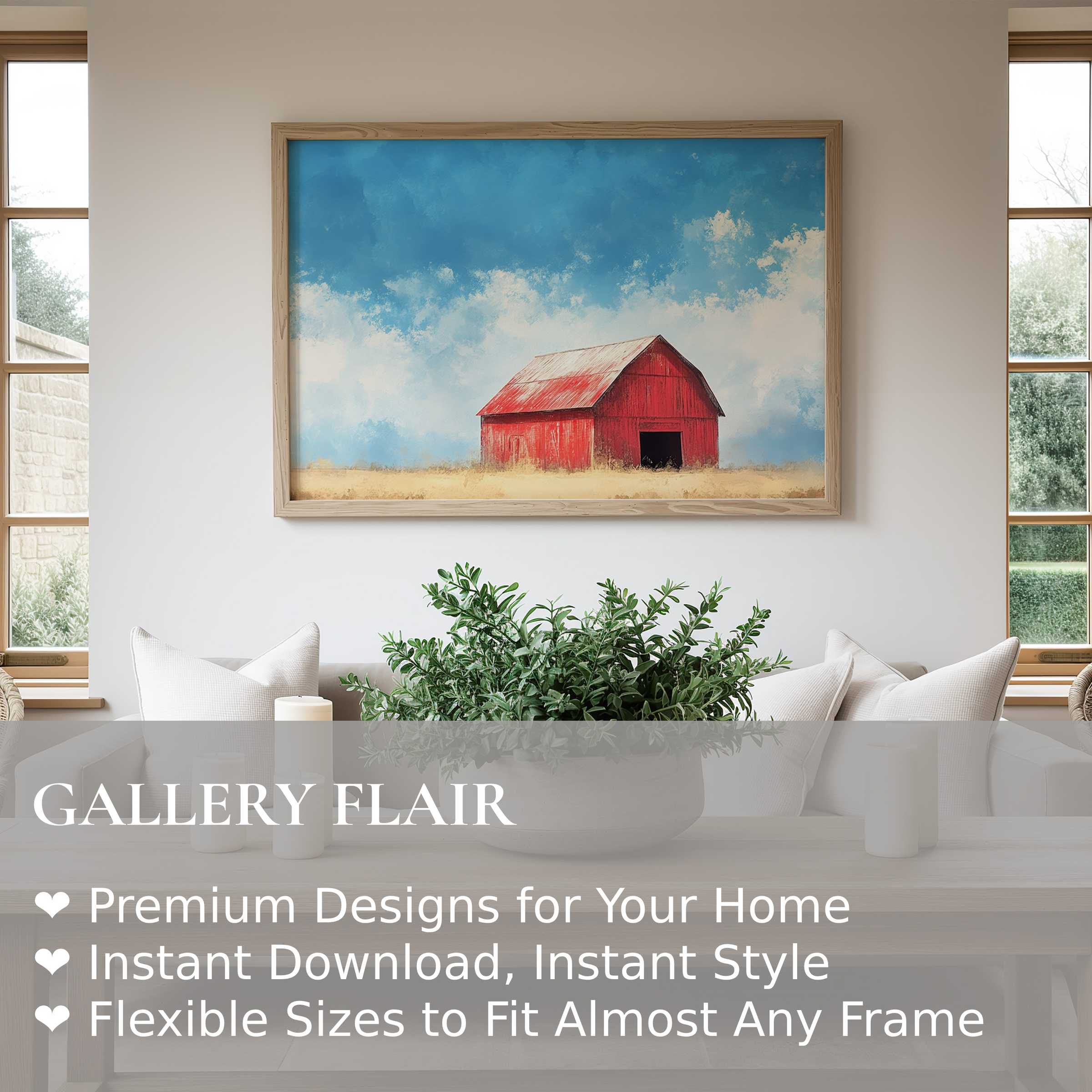 Farmhouse wall art print featuring a radiant red barn under a vibrant blue sky, enhancing serene modern rustic interiors with warmth and charm